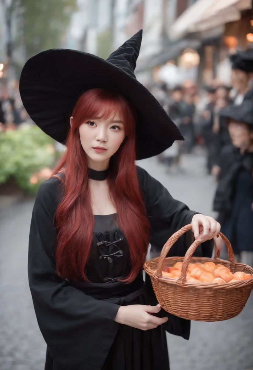 woman with red hair、japanes、Halloween Witch Cosplay、Street snap of Shibuya in Japan、Black cloak、There are sweets in the basket、Pointy hat