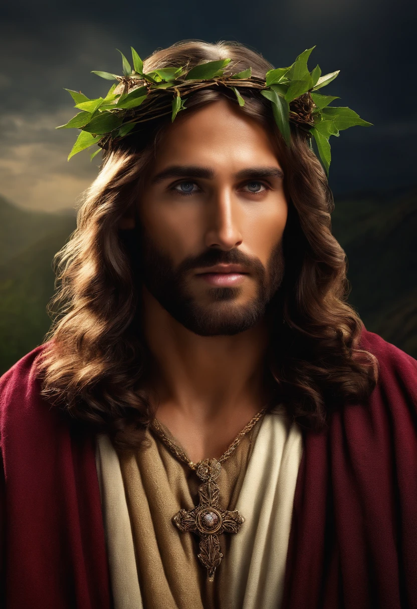 Jesus Christ aged 33, wearing a thorn around his forehead, looking at the camera