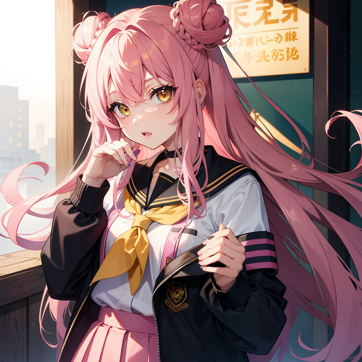 Yellow eyes, Pink hair with two buns, girl, school uniform, werewolf features