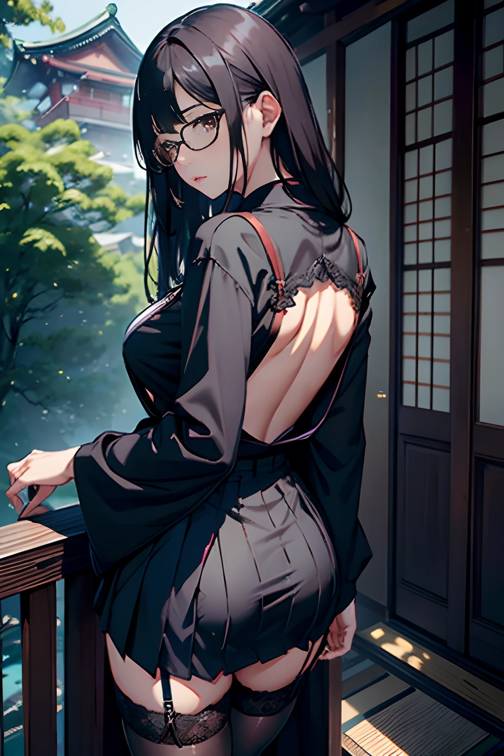 japanes、OL 、A dark-haired　long、eye glass、Brown tight skirt、Wearing black fishnet stockings、Lace black bra、Open Blue Blouse、Colossal tits、Ren Hao　Blue T-back、Panchira、ty　stairway、facing back　Looking at the camera
