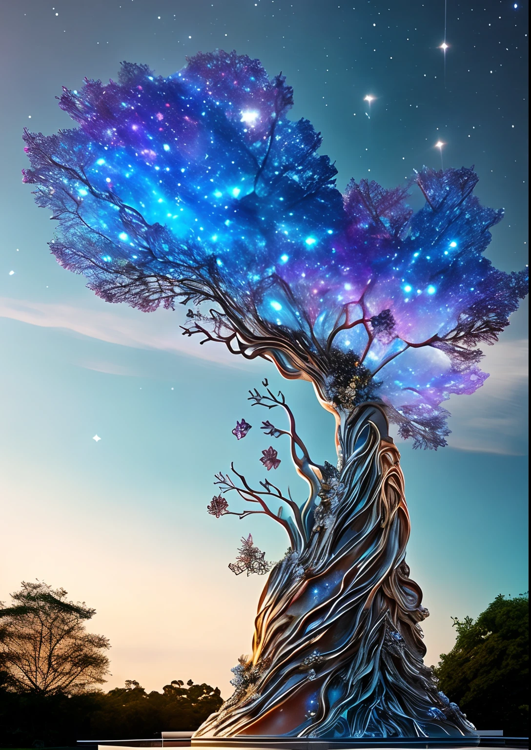 Complex clear glass interstellar nebulae [trees] Statues made of galaxies,  Flora and fauna,  Hyper-Realistic,  ultra-detail,  Elegant,  Beautiful head..,  1 Tail