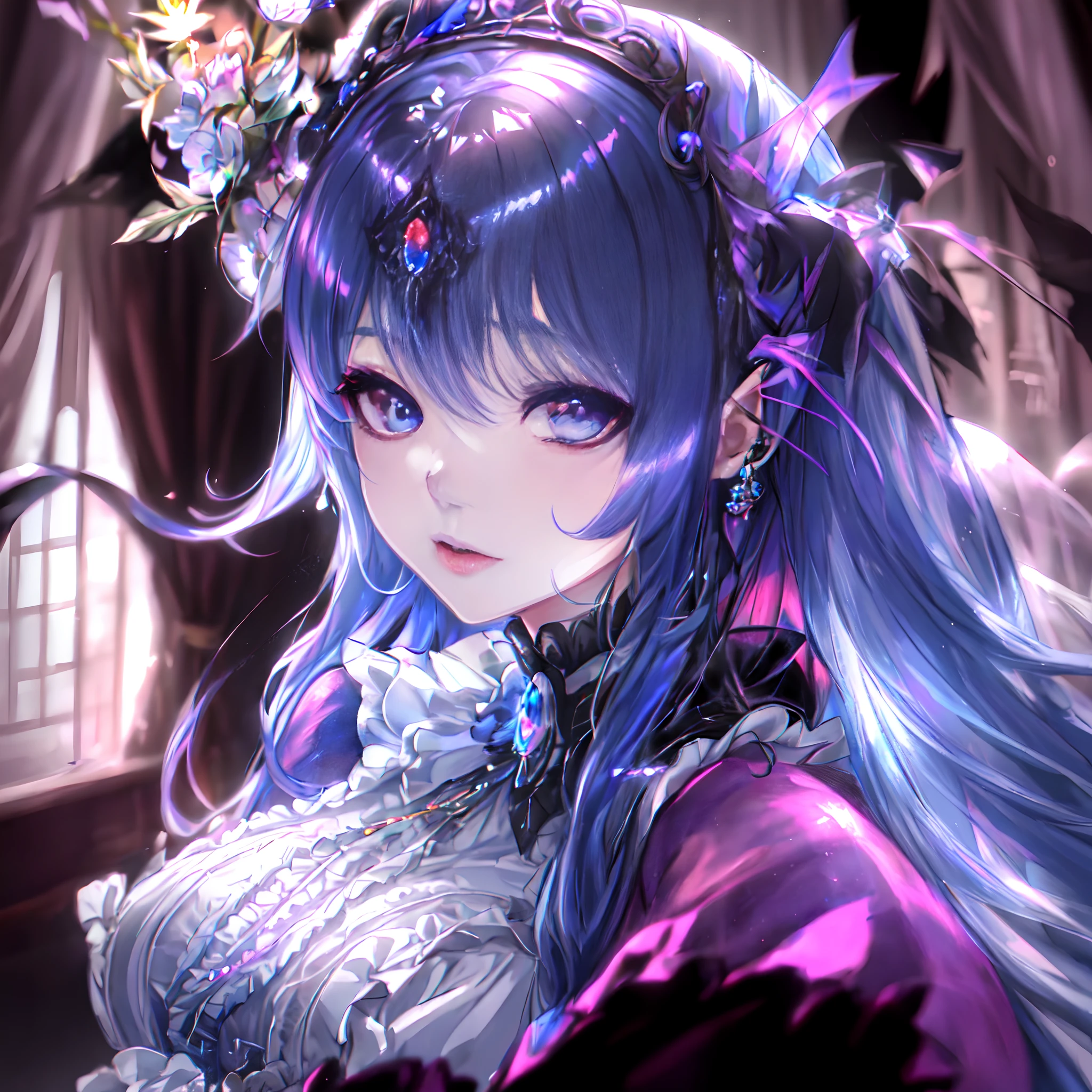 Ultra-detailed anime-style illustration of a beautiful vampire woman with iridescent eyes, Pale skin, Acuarela cabello azul profundo oscuro, tocado, Victorian gothic dress, destello de lente, profundidad de campo, Efecto Bokeh, retroiluminado, elegantee, elegante, impresionante, visualmente rico, Luces planas, colores planos, El sombreado, Arte de Best Anime Studios, por MSchiffer, 32k resolution, La mejor calidad, Ink lines, Focus on blue.