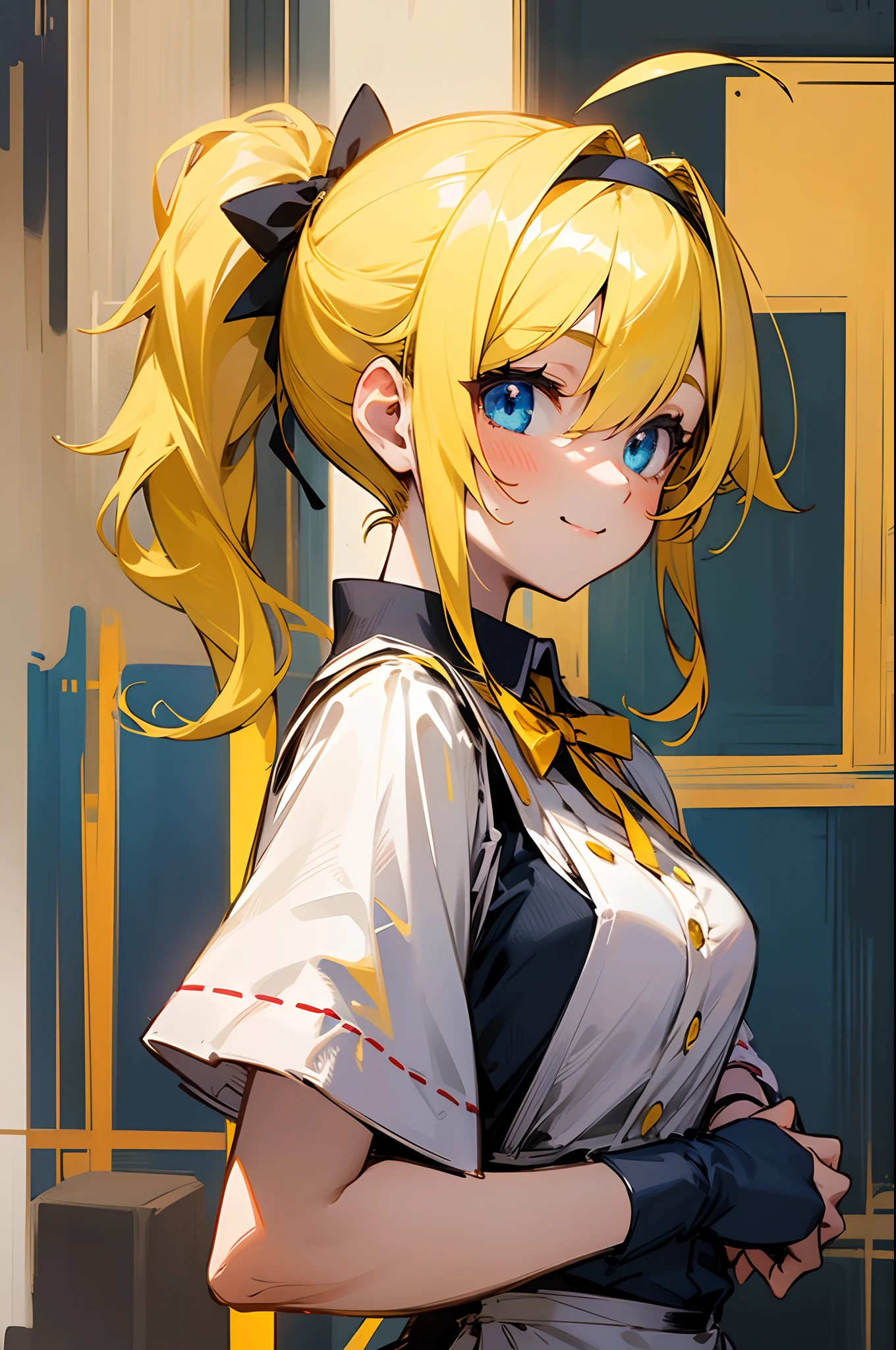 girl with、Yellow hair:1.2、Side Ponytail、Ahoge、Blue eyes、ssmile、Hair Band、maid clothes、Yellow Ribbon