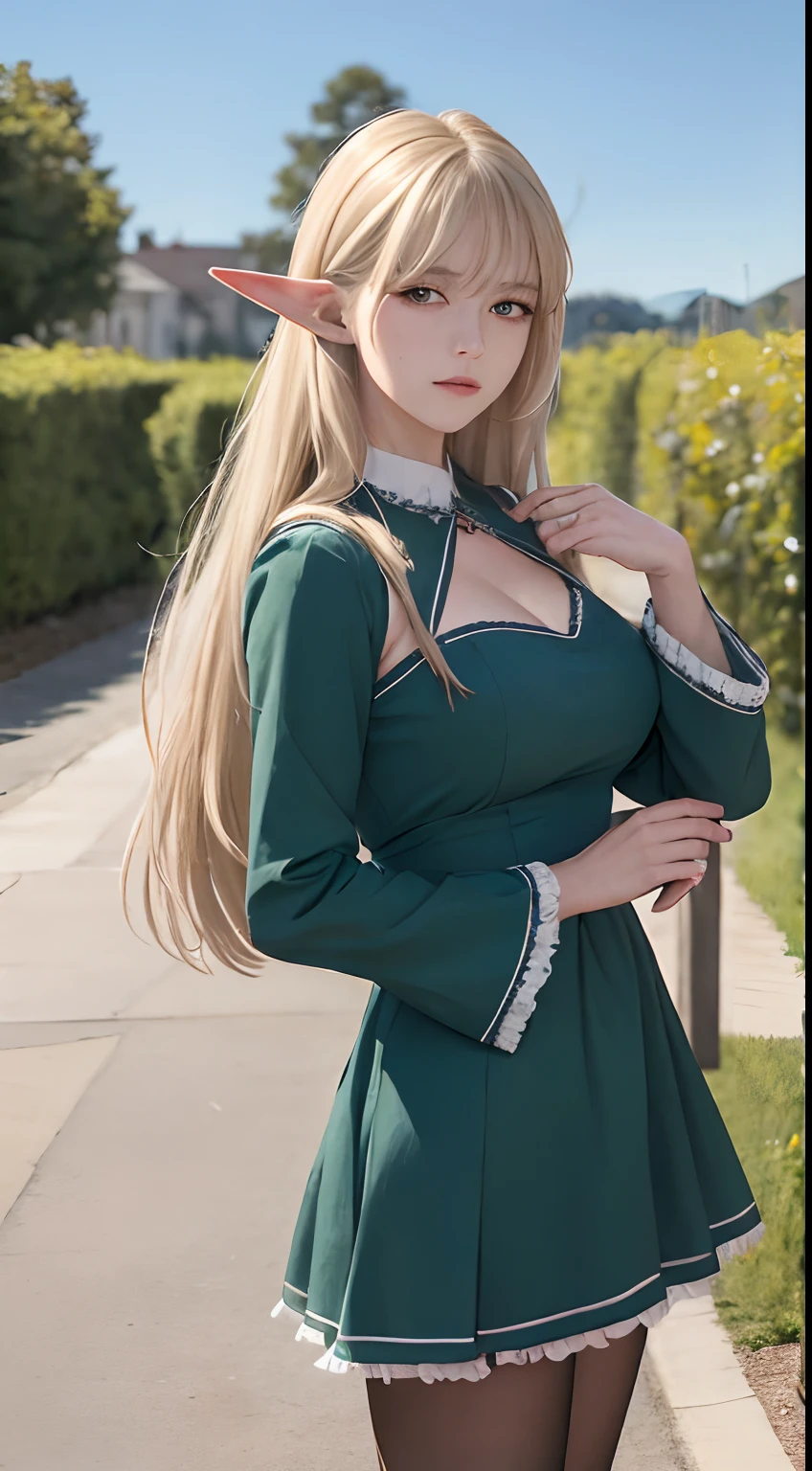 best quality, (masterpiece:1.2), highly detailed, outdoors, day, sky, mature,
1girl, solo, alice, vampire, standing, closed mouth,huge breasts, looking at viewer,
Blonde hair, long hair, red eyes, pointy ears,green maid dress