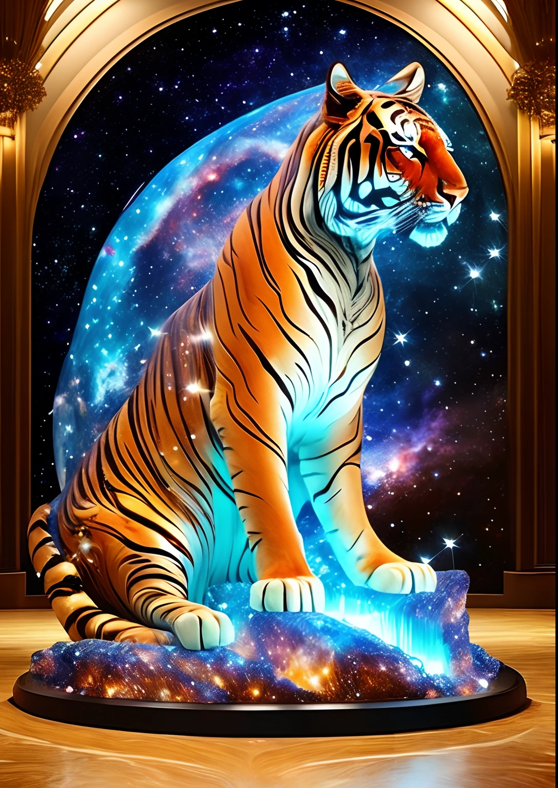 Complex transparent glass interstellar nebula tiger　Statues made of galaxies,  Animals,  Hyper-realistic,  ultra-detailliert,  Elegant,  Beautiful,  1 tail