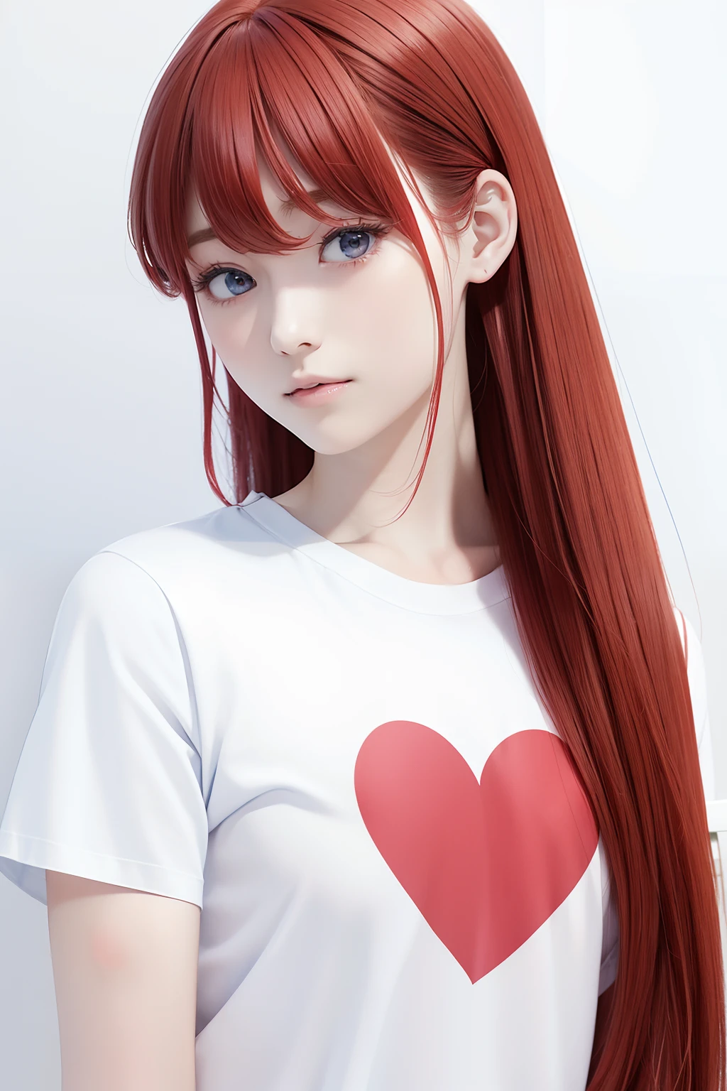 from the front side、Red hair、Long hair、Side tail、bustshot、Hair tied at the side、Princess、White T-shirt、gentle face、Looking from the front、• Blue heart print at shirt.、A blue heart is drawn on clothes