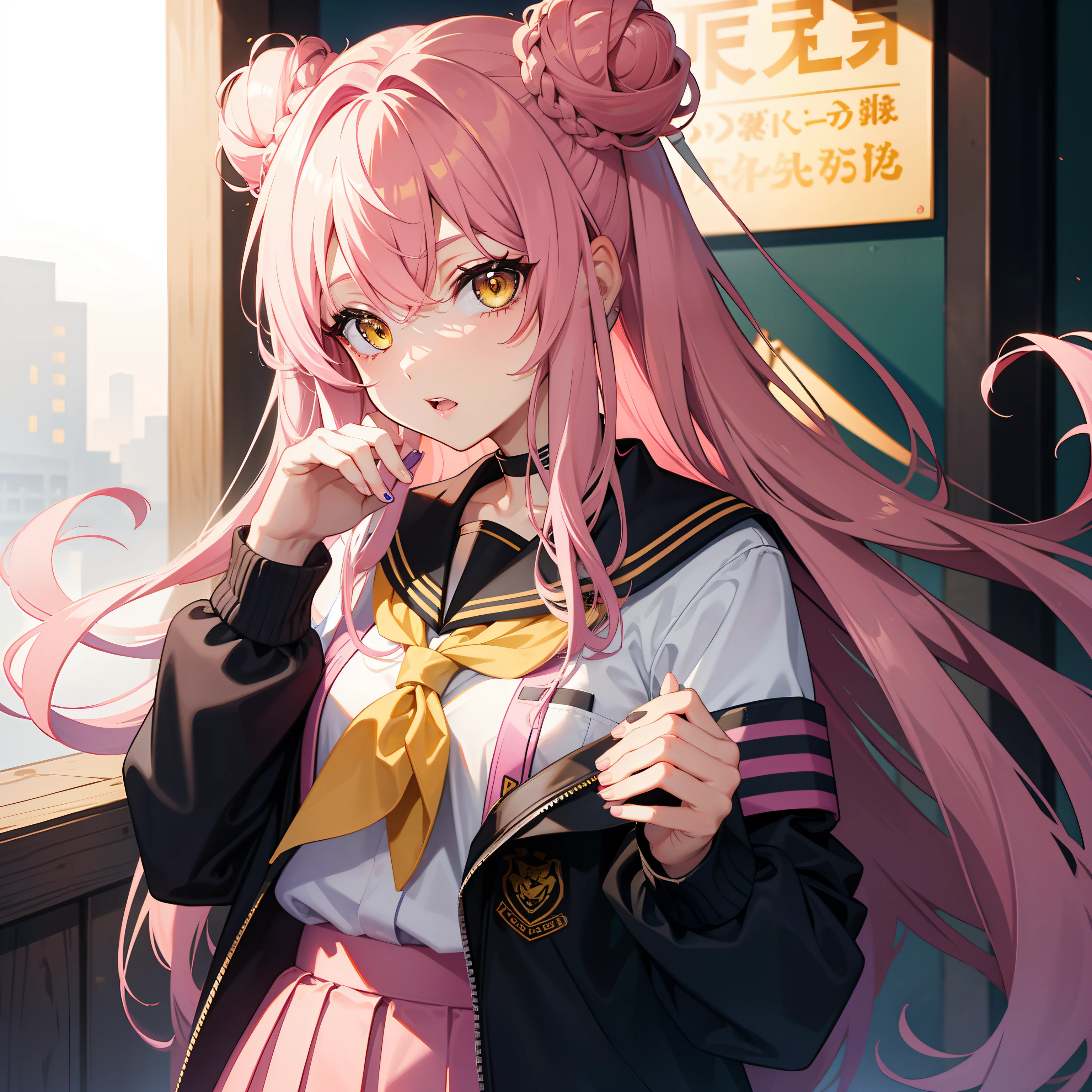 Yellow eyes, Pink hair with two buns, girl, school uniform, werewolf features