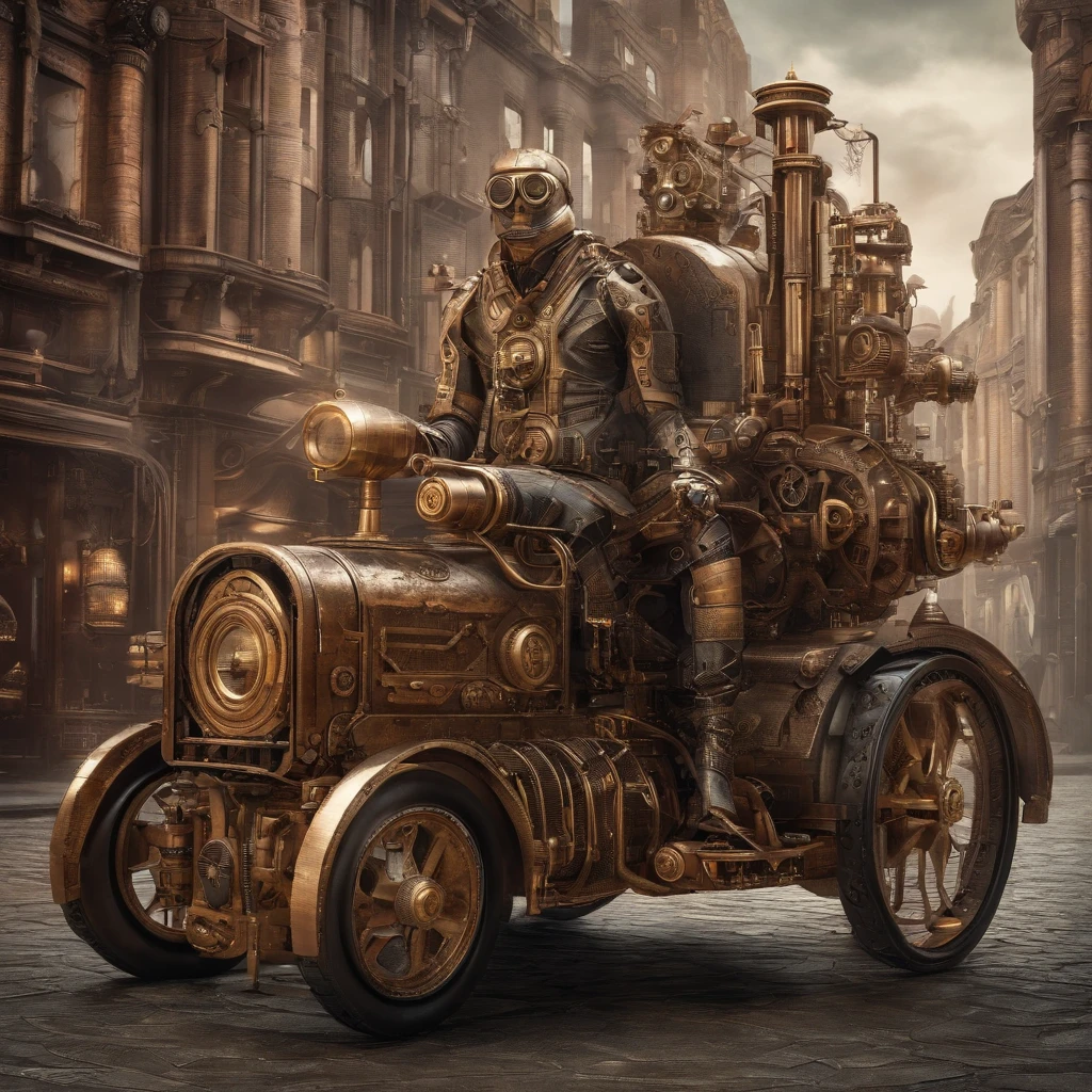 cyber-enhanced man leaning against a futuristic sci-fi vehicle on a dystopian sci-fi city street
