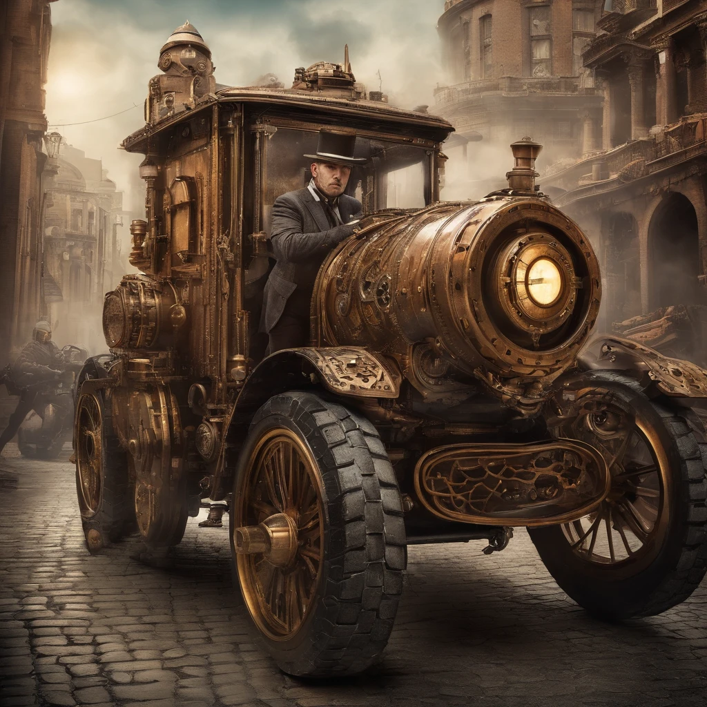 cyber-enhanced man leaning against a futuristic sci-fi vehicle on a dystopian sci-fi city street