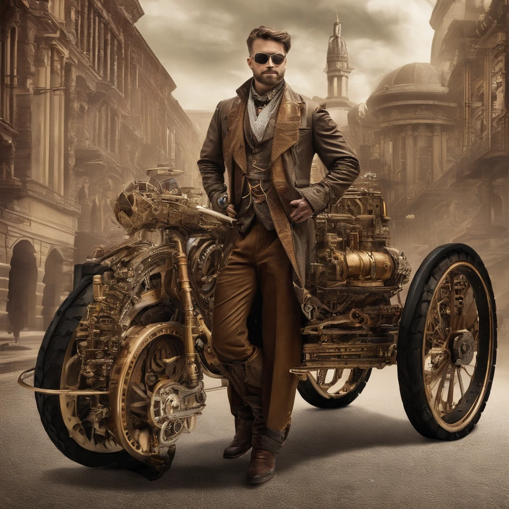 cyber-enhanced man leaning against a futuristic sci-fi vehicle on a dystopian sci-fi city street