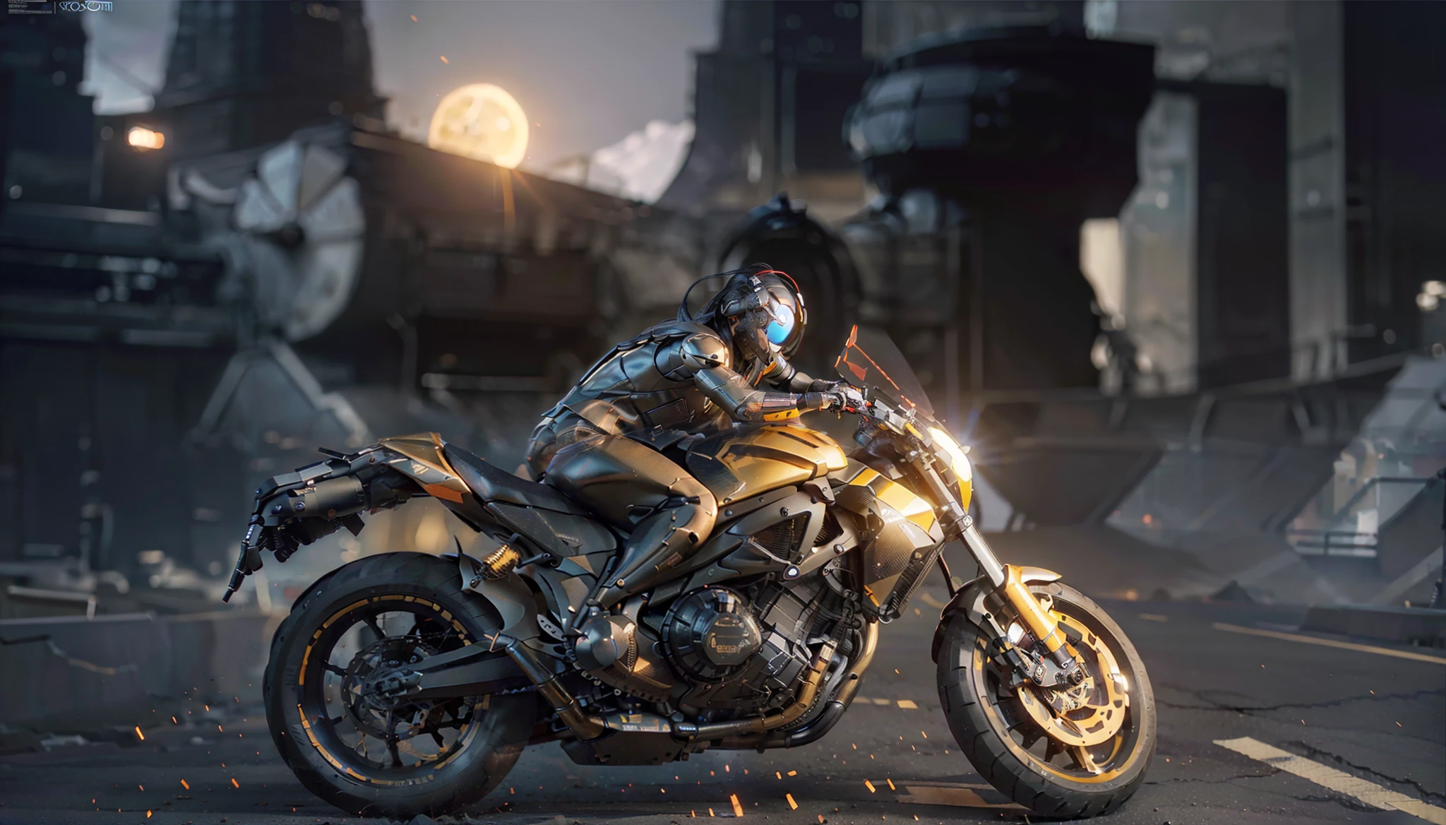 (full body, (dynamic pose), action pose), (rim lighting, studio lighting, distant moon light, night, bloom), (cinematic, best quality, masterpiece, ultra HD textures, highly detailed, hyper realistic, intricate detail, 8k, photorealistic, concept art, matte painting, autodesk maya, vray render, ray tracing, hdr), (dslr, full frame, 16mm focal length, f/8 aperture, dynamic perspective, dynamic angle, golden ratio, wide photography, wide field of view, deep depth of field, zoom out) techwear, (futurism:1.4), mechanise robot, urbansamurai 3d, 2 realistic cyborgs in a cyberhelmet head, fighting each other, battle scene, action shot
