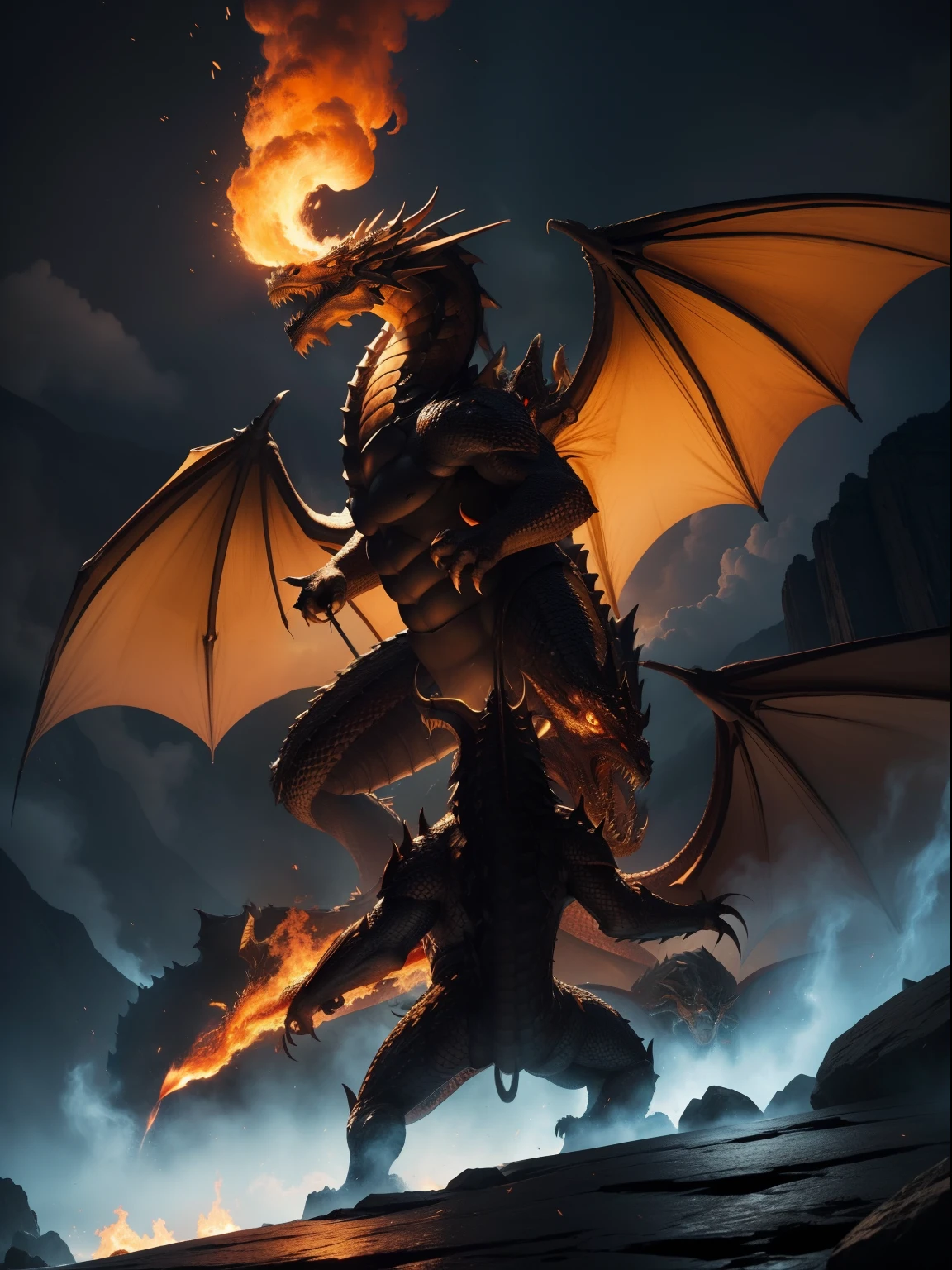 master part, qualidade suprema, A colossal 3-headed dragon, The dragon is blowing fire, The scenery is chaotic, The focus is on the dragon, angulo de baixo, epic pose, The setting is epic, fogo por todo o lado, The dragon has three heads, The dragon is huge,