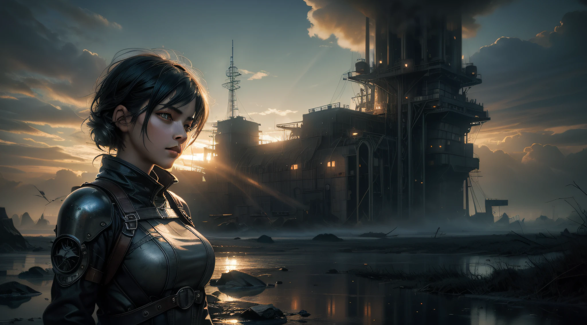 dieselpunk look, (atmospheric volumetric fog:1.1), (Masterpiece:1.4) (illustartion:1.2) (Best Quality:1.4) (8K) (HDR) (wallpapers) (Cinematic lighting) (sharp-focus) (Intricate)