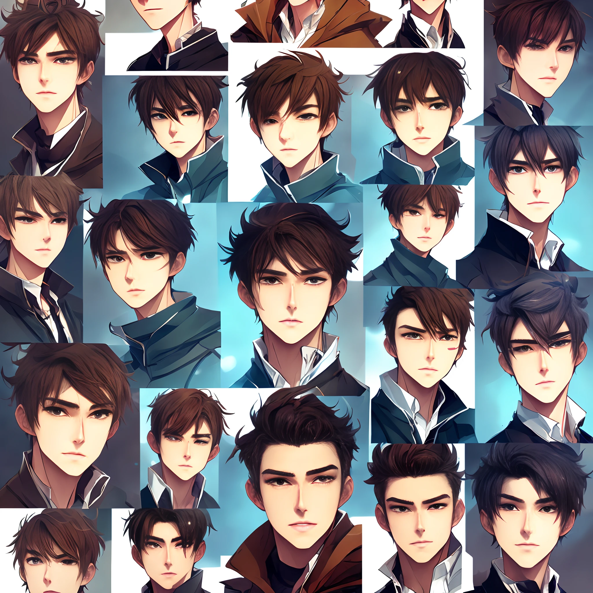 Multi-angle characters(frontage,Lateral face,A half body,full bodyesbian),Young males,Rich expressions(Emotions),Sven is polite,and crooked kindness,Brown hair,largeeyes,Long legs,Height 190,Illustrated comic style,White background