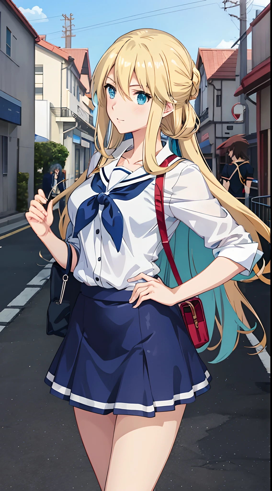 anime girl in a short skirt and white shirt walking down a street, Beautiful Anime High School Girls, Smooth anime CG art, Marin Kitagawa fanart, attractive anime girls, asuna yuuki, Kantai collection style, blue uniforms, female anime character, Artoria Pendragon, aqua from konosuba, portrait of a female anime hero