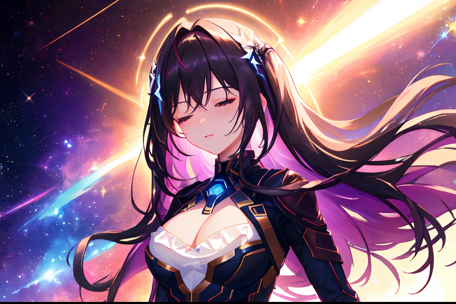 1girl, masterpiece, best quality, extremly detailed, Cinematic lighting, highres, official art, finely detailed beautiful face, high resolution illustration, 8k, dark intense shadows, overexposure, multicolored hair, gradient hair, black hair, white hair, medium hair, floating hair, upper body, ((dutch angle)), universe, space, sunshine, lens flare, galaxy, nebula, closed eyes, black top, white frill, colorful background, medium breasts
