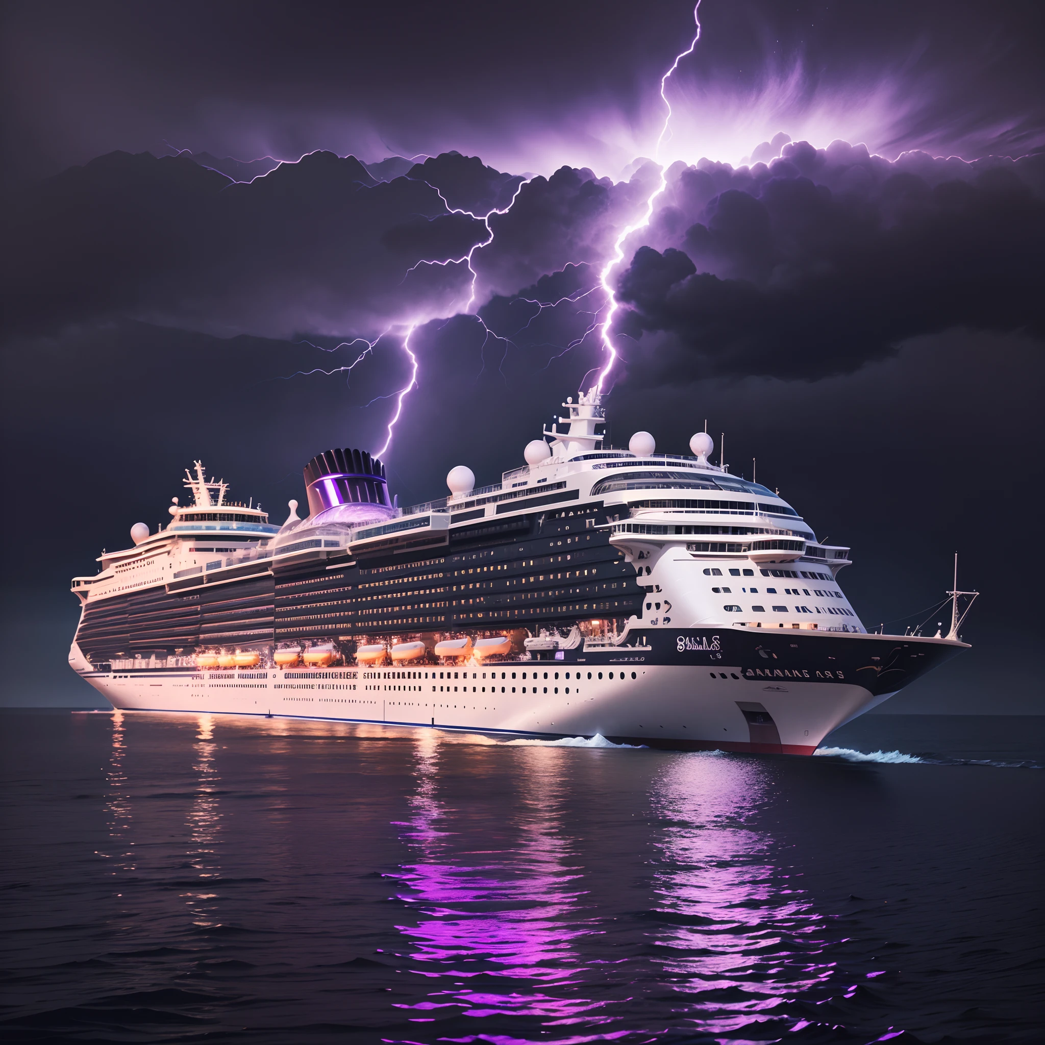 A huge cruise ship, sailing in the waters, the waters are purple in color, the black sky is full of purple lightning, high detail of the face, 8k --auto --s2