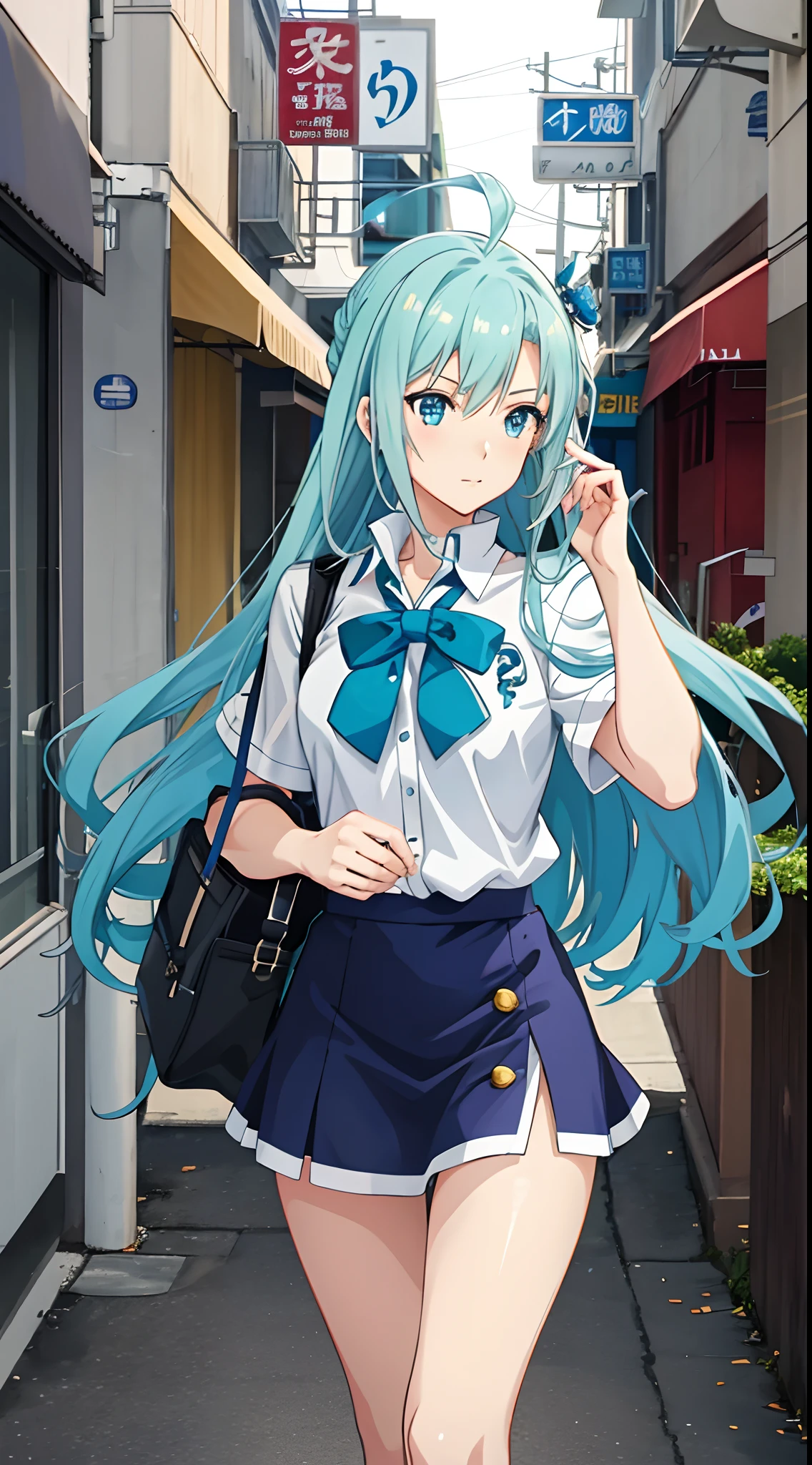 anime girl in a short skirt and white shirt walking down a street, Beautiful Anime High School Girls, Smooth anime CG art, Marin Kitagawa fanart, attractive anime girls, asuna yuuki, Kantai collection style, blue uniforms, female anime character, Artoria Pendragon, aqua from konosuba, portrait of a female anime hero