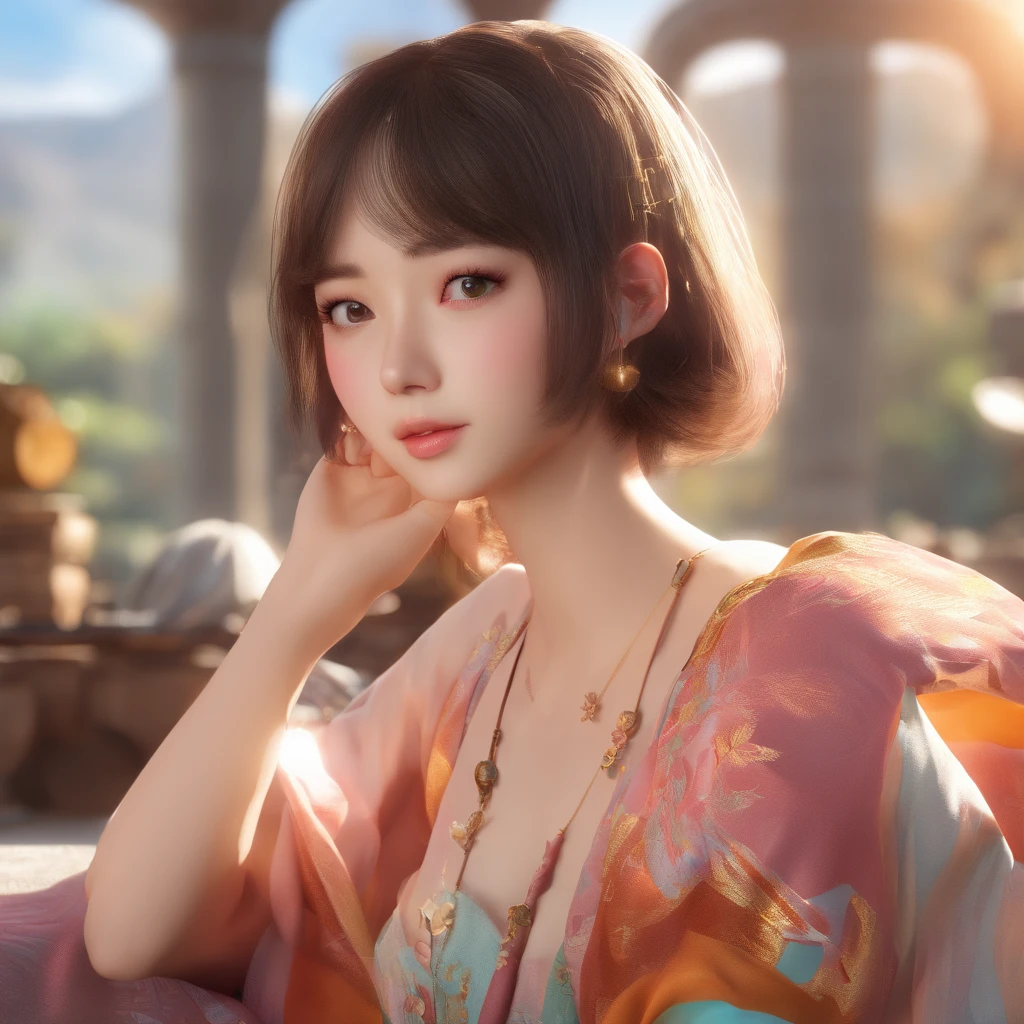 (RAW photo, highest quality), (realistic, photorealistic: 1.3), highest quality, high definition, masterpiece, super detail, illustration, 1girl, whole_body, dynamic angle, world masterpiece theater, messy_long_hair, top quality, highly detailed CG Unity 8k wallpaper, ink, amazing, cinematic lighting, lens_flare, dunhuang_ style, ((very short hair)), pretty breasts