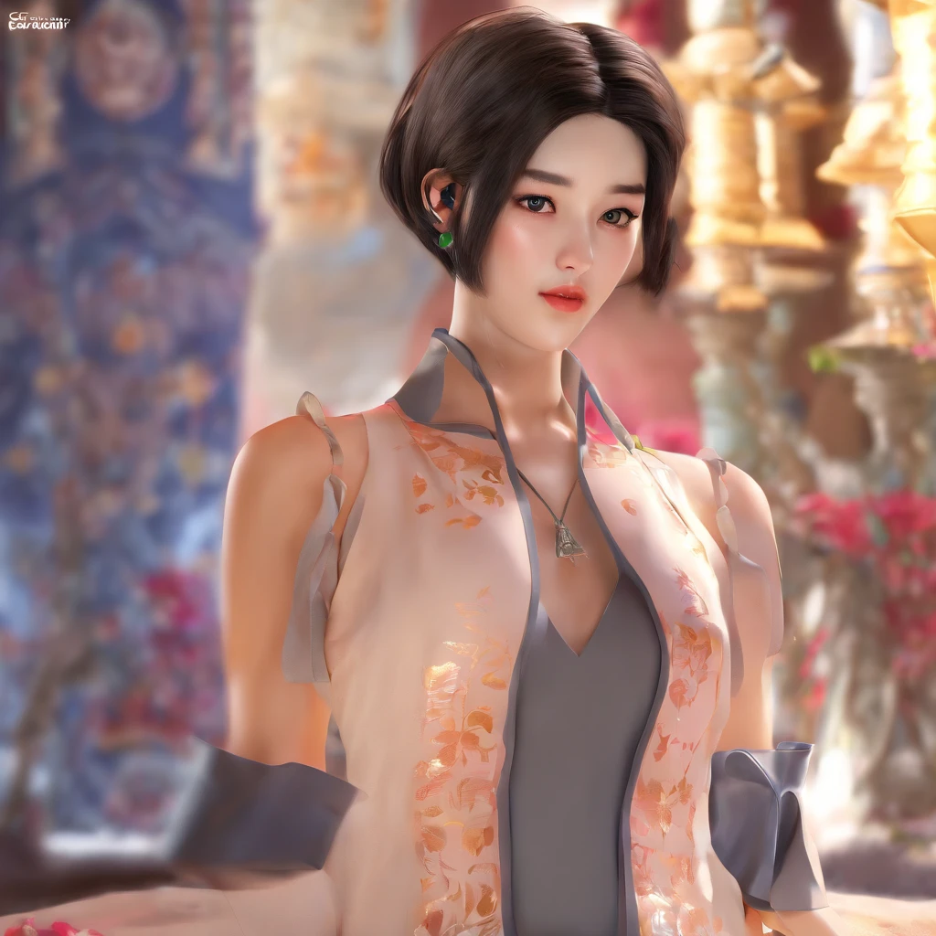 (RAW photo, highest quality), (realistic, photorealistic: 1.3), highest quality, high definition, masterpiece, super detail, illustration, 1girl, whole_body, dynamic angle, world masterpiece theater, messy_long_hair, top quality, highly detailed CG Unity 8k wallpaper, ink, amazing, cinematic lighting, lens_flare, dunhuang_ style, ((very short hair)), pretty breasts