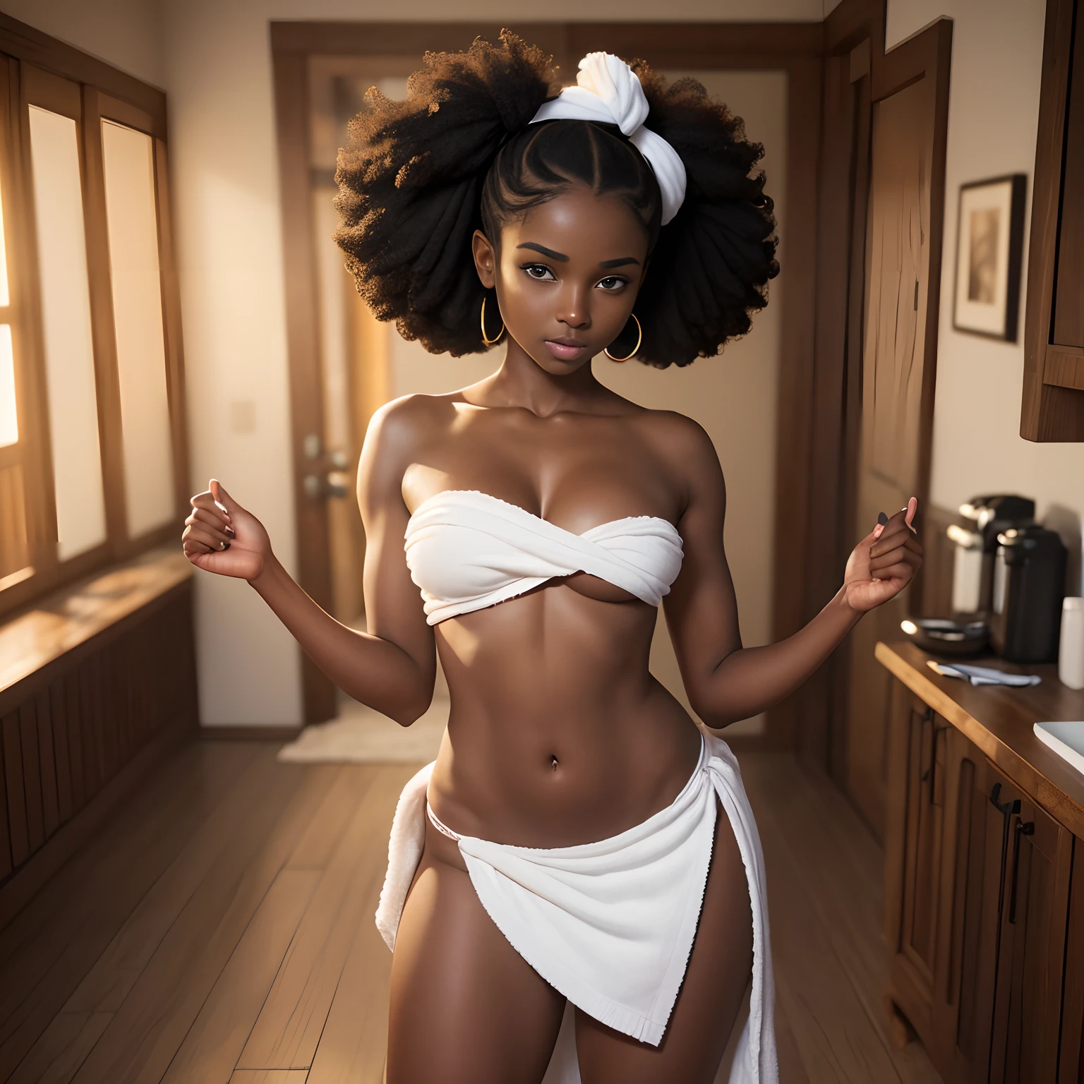 ((African dark skin, very deep ebony skin)), ((her beauty is undeniable)), ((excited cute face)), ((hyper detailed perfect blue eyes,)), ((revealing belly)), ((cute pose)), ((tongue out)), ((seductive )), sexy, ((white towel covering body, towel warp )), ((African massive oversized afro pigtails,)), (( soakedskin)), ((standing, front view)), ((indoors, highly detailed room)), sharp focus cgi, photorealistic, high detail, realistic, masterpiece, absurdres, best quality, HDR, high quality, high-definition, extremely detailed, 8k wallpaper, intricate details, 8K uhd, Full-HD, (realistic photo:1.2), contrast, harsh lighting, cinematic lighting, natural lighting, hard light, backlighting, global illumination, ambient occlusion