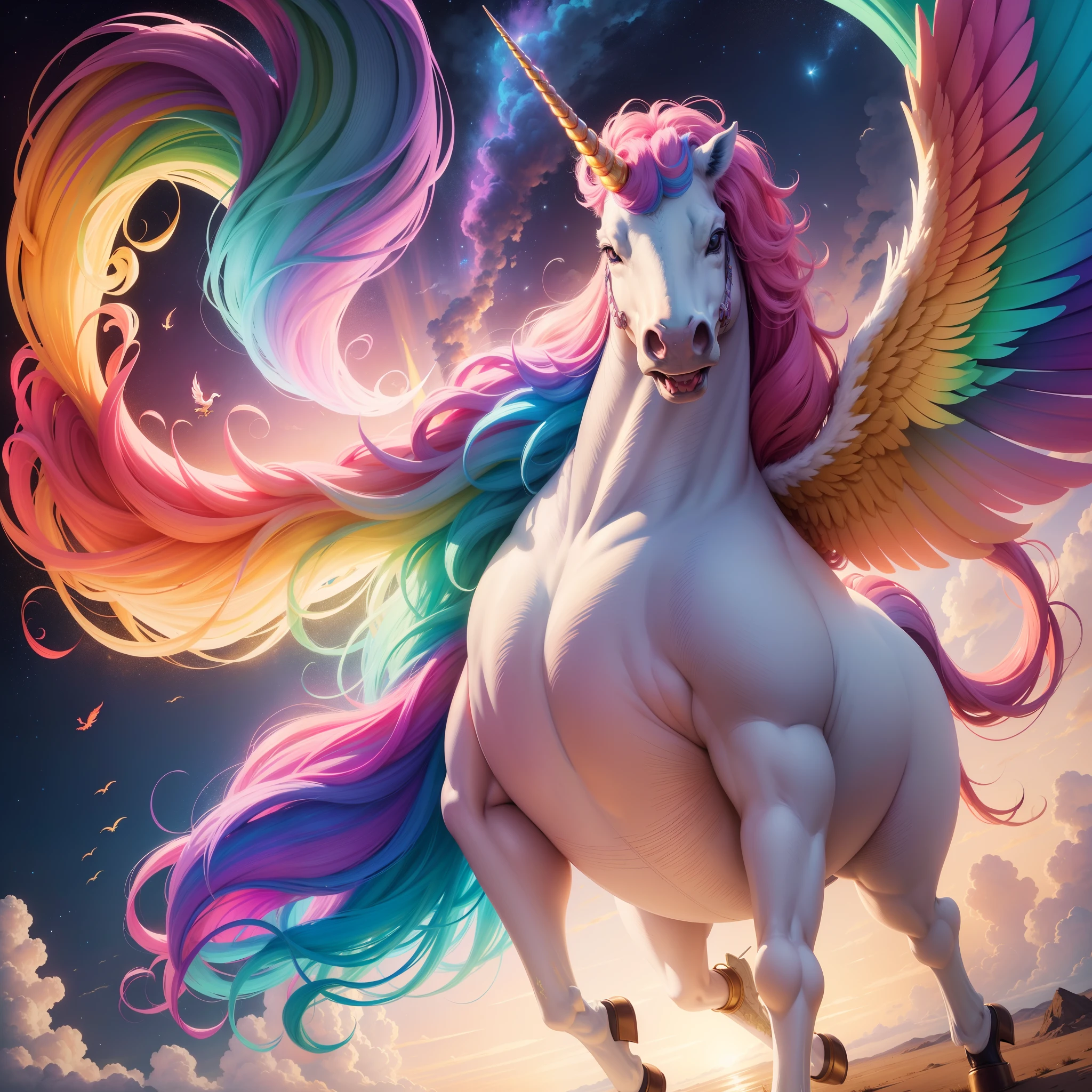Drawing of a unicorn with a long mane and colorful tail, flying mythical beasts, mythical whimsical creatures, Authors:Caroline Chariot Soybean, a mythical creature, a mythical creature, Unicorn flying in the sky, wings of fire, a mythical creature, inspired by Tawaraya Sōtatsu, unicorn, jen bartel, artwork of a phoenix, pegasus, unicorn 16k