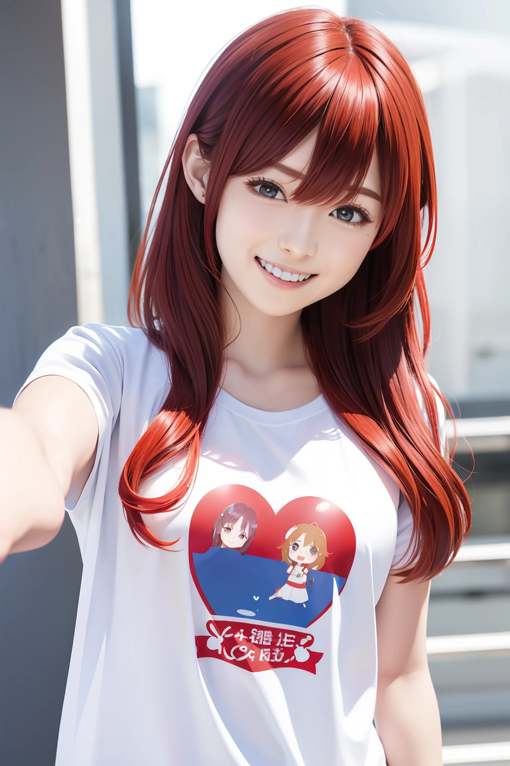 from the front side、Red hair、Long hair、Side tail、bustshot、Hair tied at the side、Princess、White T-shirt、Open your mouth and laugh out loud、A smile、Looking from the front、Blue heart print at shirt