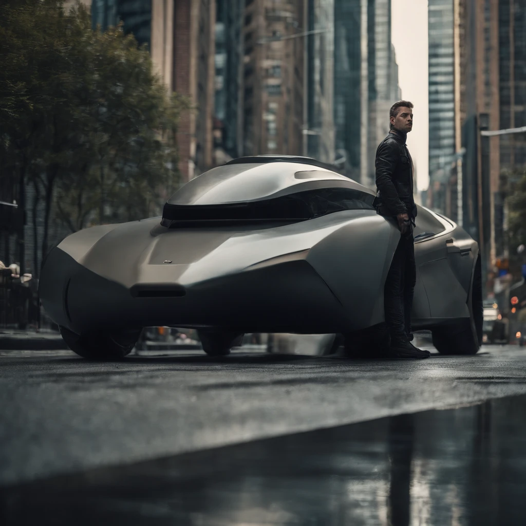 cyber-enhanced man leaning against a futuristic sci-fi vehicle on a dystopian sci-fi city street