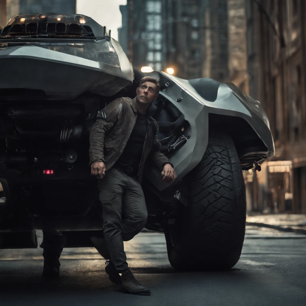 cyber-enhanced man leaning against a futuristic sci-fi vehicle on a dystopian sci-fi city street