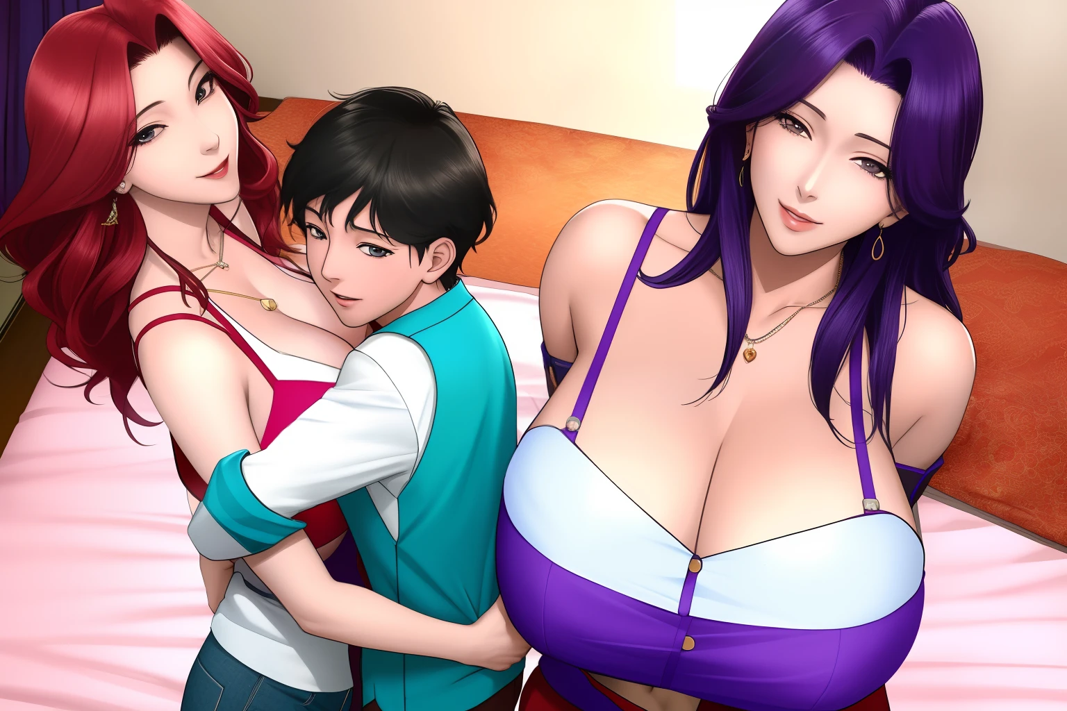 tmasterpiece，best qualityer，Absolutely beautiful，threesome，Two mature women and a woman undressed (Very little:1.2) Boy,on top of the bed， Mother and son hug，hugs，huge tit，Stroke the chest,ssmile，  ecchi anime style,