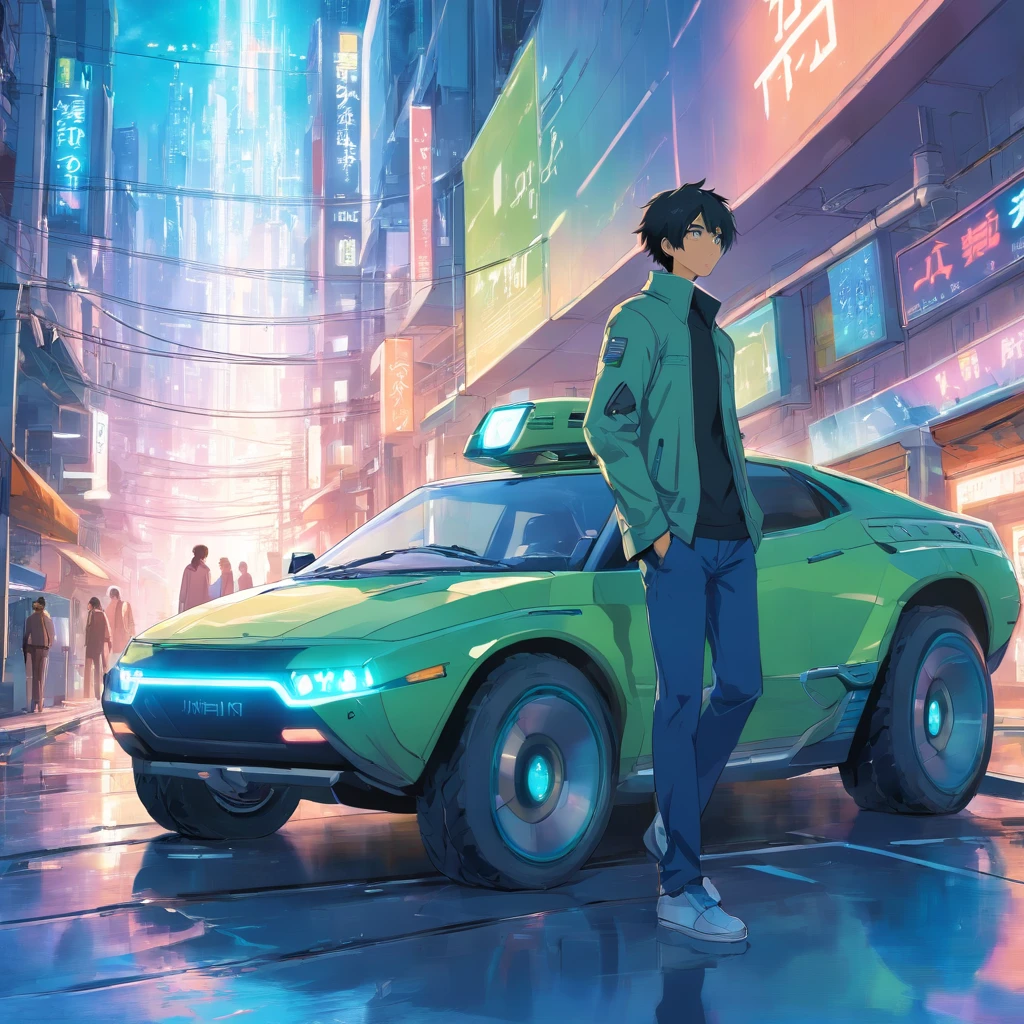 cyber-enhanced man leaning against a futuristic sci-fi vehicle on a dystopian sci-fi city street