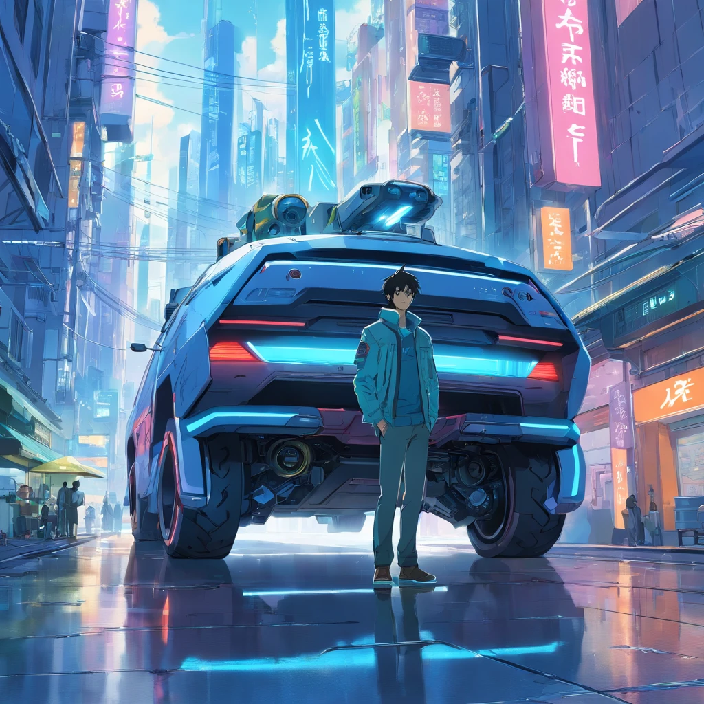 cyber-enhanced man leaning against a futuristic sci-fi vehicle on a dystopian sci-fi city street