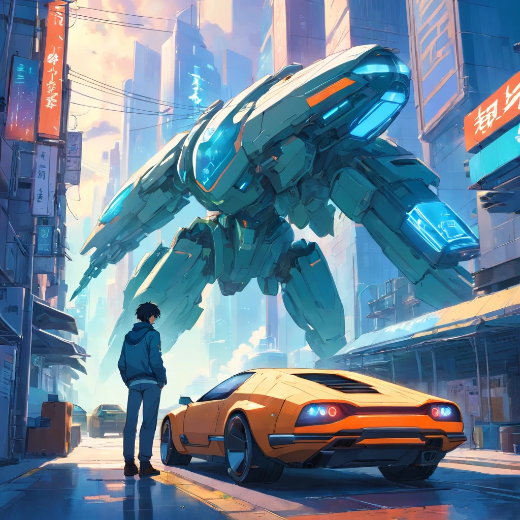 cyber-enhanced man leaning against a futuristic sci-fi vehicle on a dystopian sci-fi city street