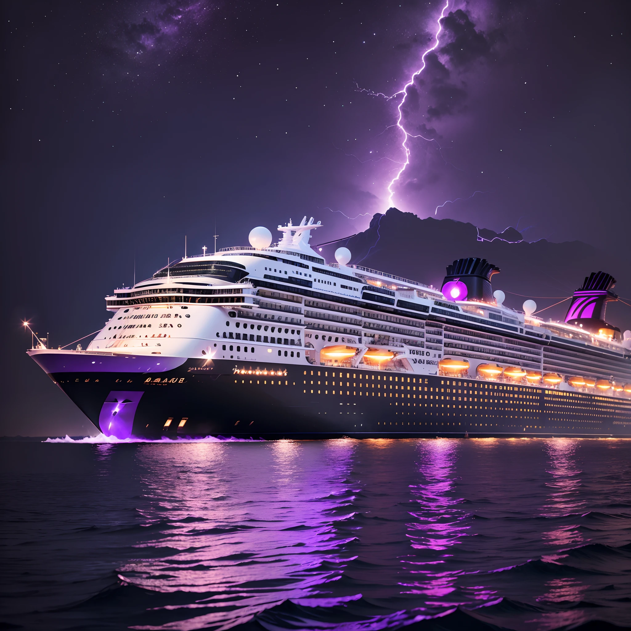A huge cruise ship, sailing in the waters, the waters are purple in color, the black sky is full of purple lightning, high detail of the face, 8k --auto --s2