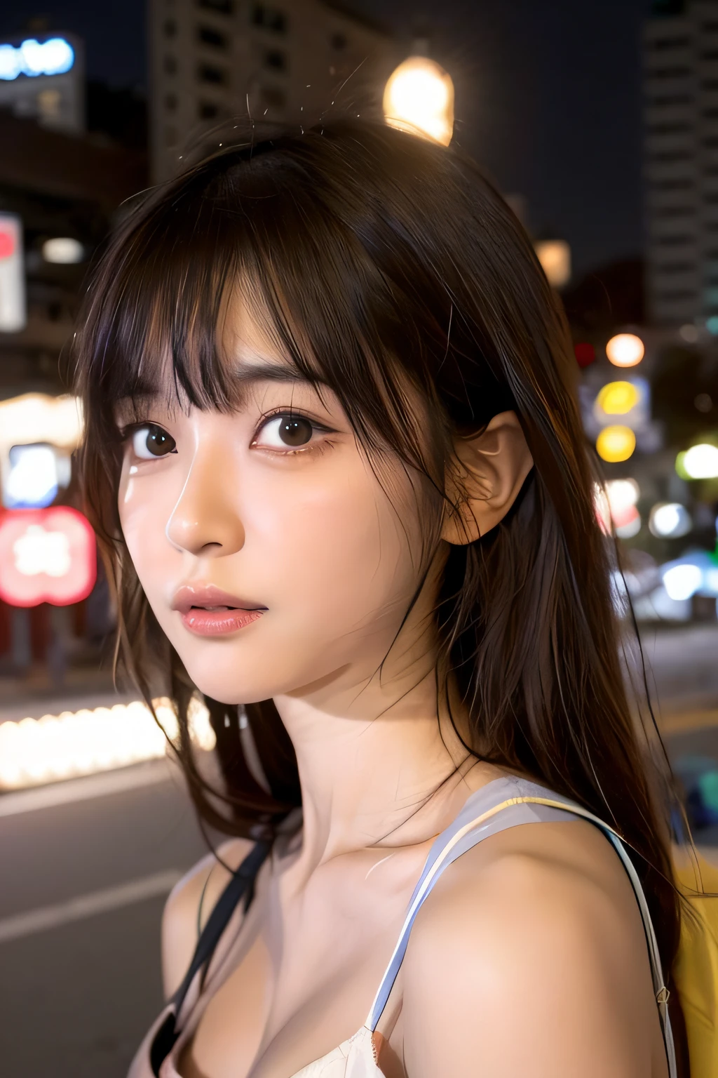 Arab asian woman standing on city street at night, chiho, girl cute-fine-face, 8k artgerm bokeh, the face of a beautiful Japanese girl, soft portrait shot 8 k, portrait of a japanese ,Kana Hashimoto、Suzu Hirose