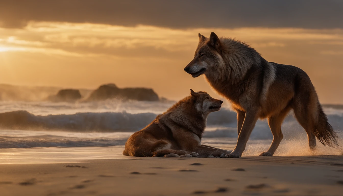 a warrior riding a giant wolf on a beach at sunset,illustration,fantasy,detailed waves,wind-blown hair,fierce expression,muscular,wolffur,rippling muscles,heroic posture,dynamic composition,battle-ready,legendary hero,epic scene,best quality,4k,highres,masterpiece:1.2,ultra-detailed,realistic:1.37,vivid colors,soft sunset glow,sand between the paws,roaring waves,ominous clouds,dramatic lighting,hero's weapon,sea spray.