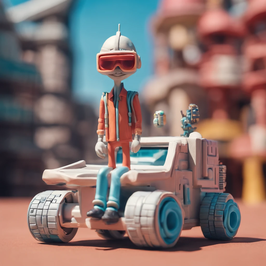 cyber-enhanced man leaning against a futuristic sci-fi vehicle on a dystopian sci-fi city street