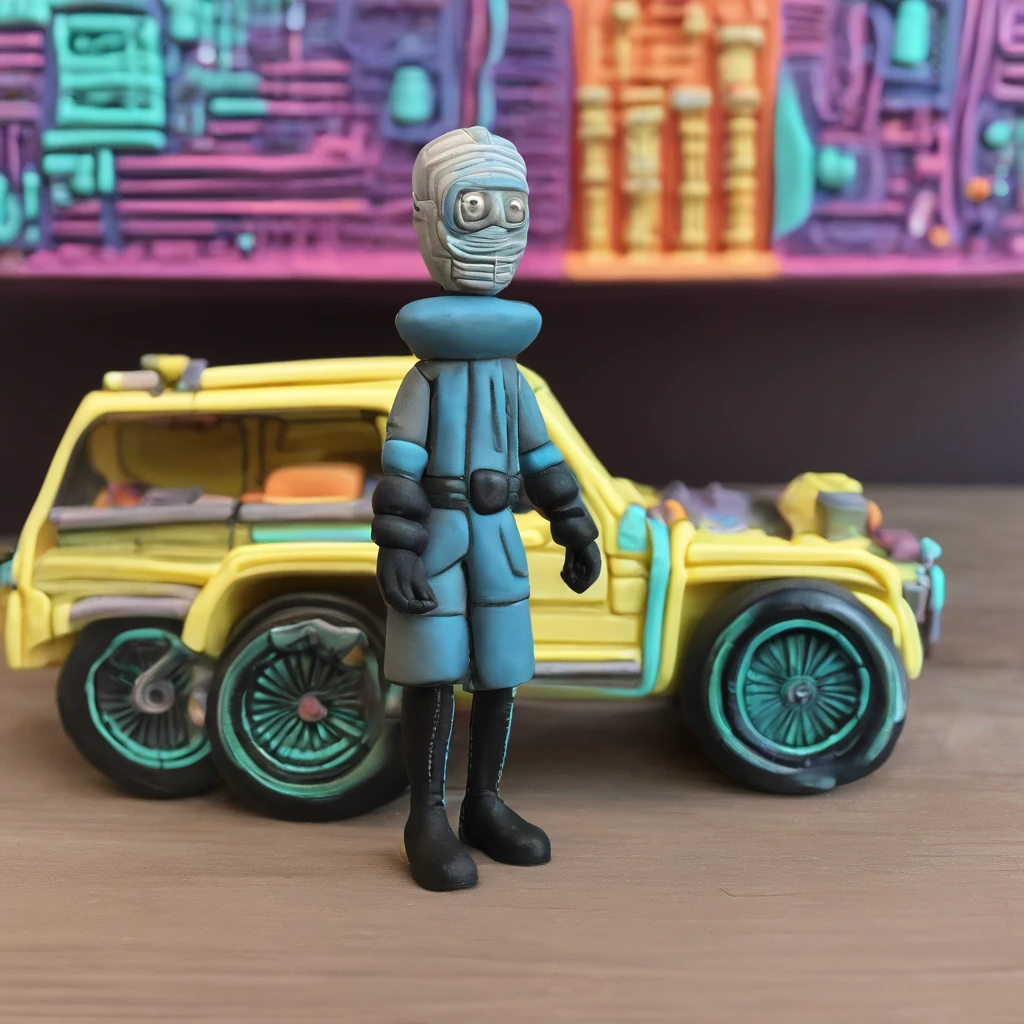 cyber-enhanced man leaning against a futuristic sci-fi vehicle on a dystopian sci-fi city street