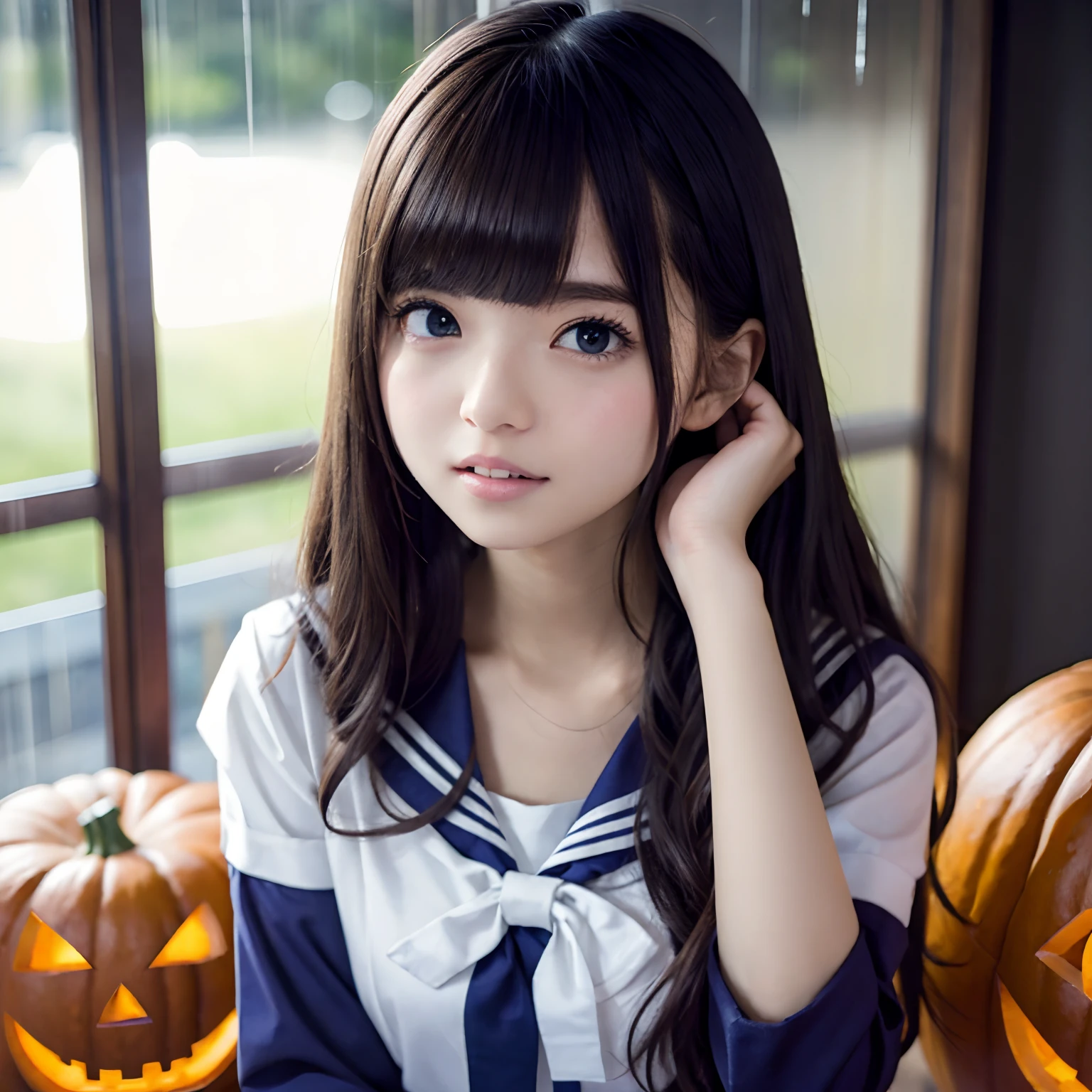 NSFW, 8k RAW photo, ((Sailor School Uniform))top-quality, masterpiece,kawaii faces、dual、 full body Esbian、A smile、kawaii faces、Sit on a pumpkin for Halloween、超A high resolution, film grains, filmg, 1girl in, looking at the viewers, natural skin textures, realistic eyes and face details, Perfect tooth alignment、Perfect eyes and perfect mouth、 bangss、Halloween Style、cparted lips, s lips,Wet in the rain