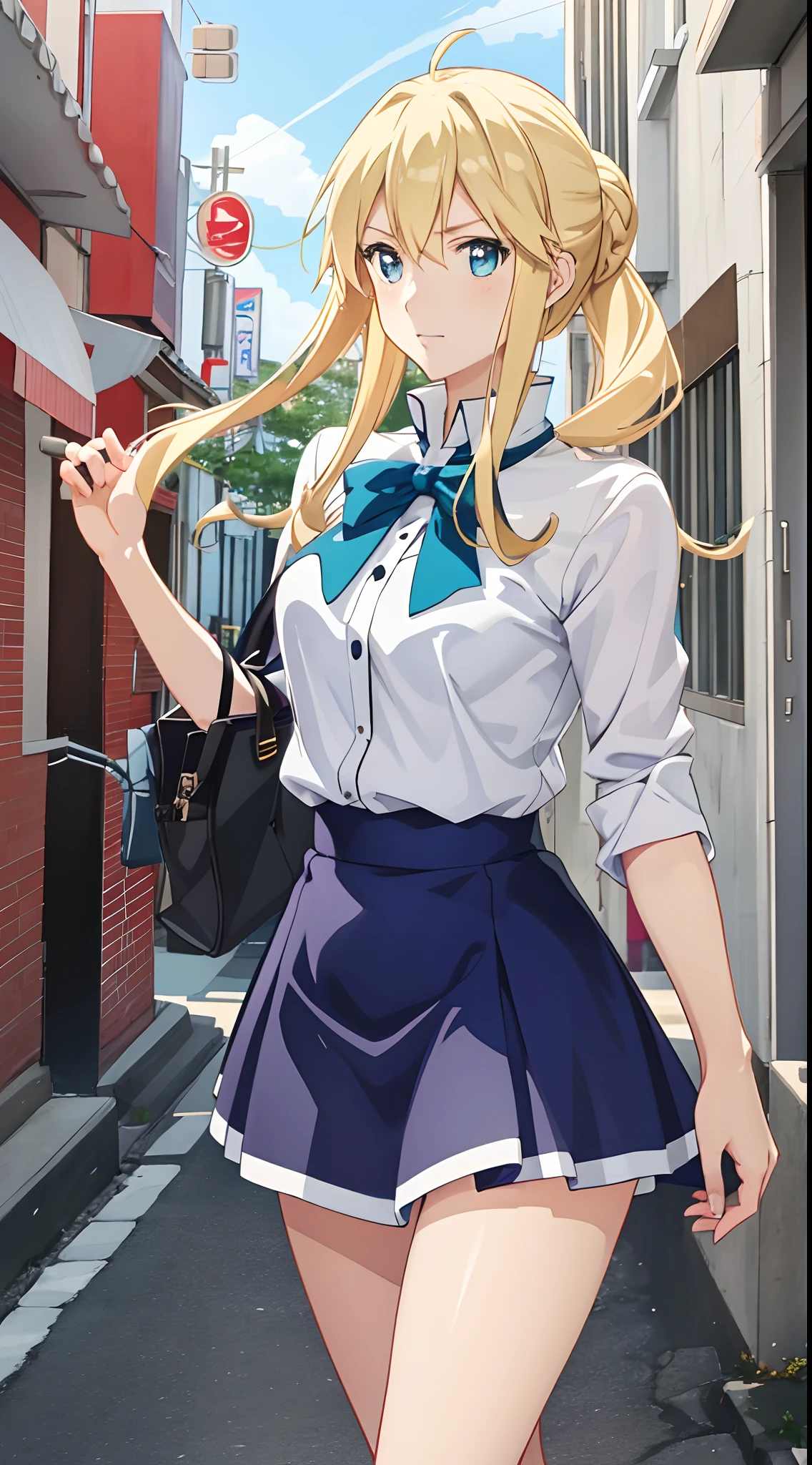 anime girl in a short skirt and white shirt walking down a street, Beautiful Anime High School Girls, Smooth anime CG art, Marin Kitagawa fanart, attractive anime girls, asuna yuuki, Kantai collection style, blue uniforms, female anime character, Artoria Pendragon, aqua from konosuba, portrait of a female anime hero