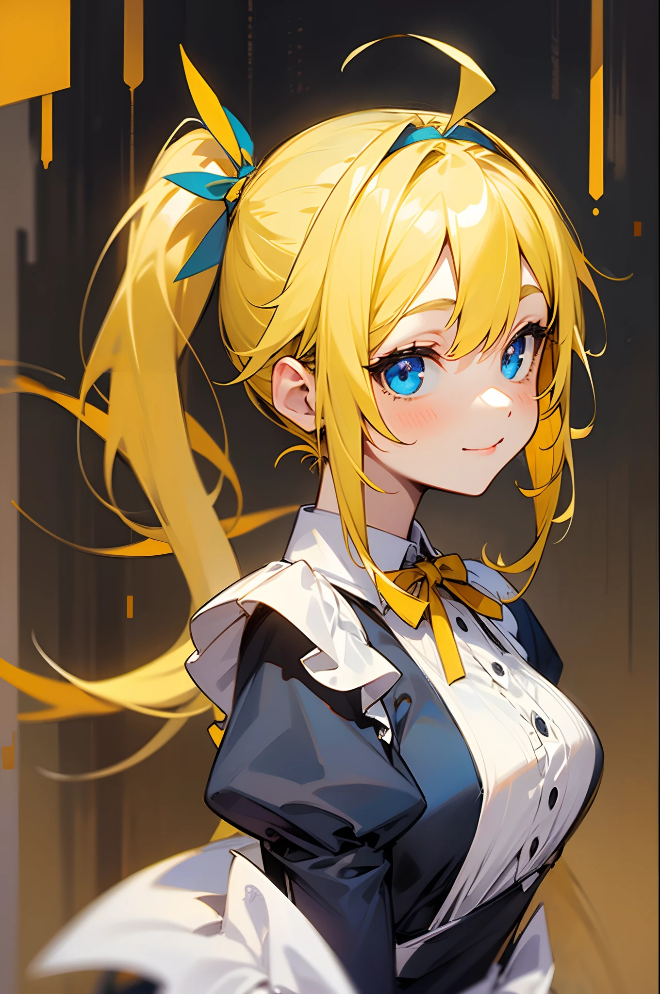 girl with、Yellow hair:1.2、Side Ponytail、Ahoge、Blue eyes、ssmile、Hair Band、maid clothes、Yellow Ribbon
