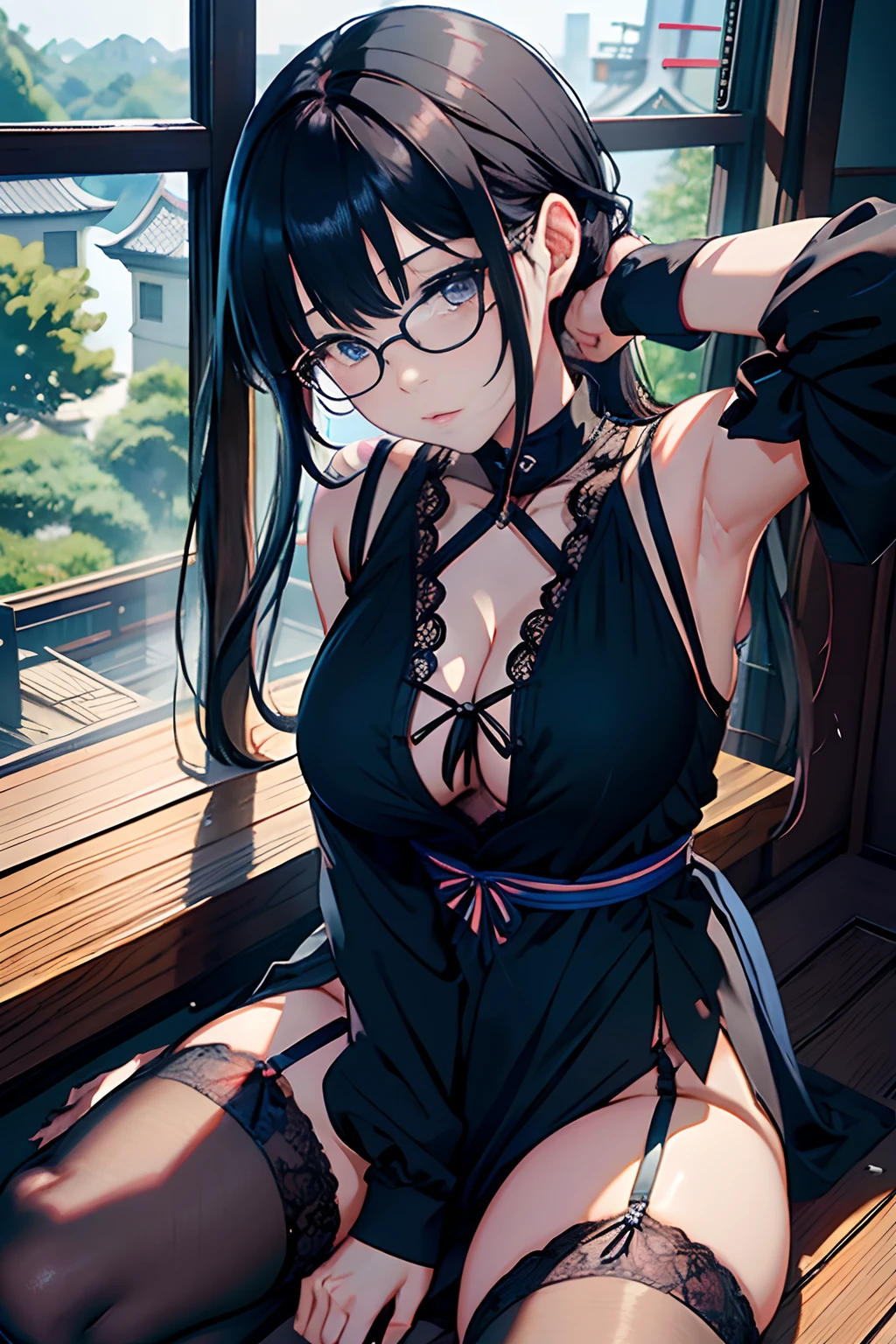 japanes、OL 、A dark-haired long Twin-tailed、eye glass、Wear black fishnet stockings、Lace black bra、Open Blue Blouse、Colossal tits、Ren Hao Blue T-back、Panchira、West sun from the window Sitting in bed、Armpit Looking at the camera