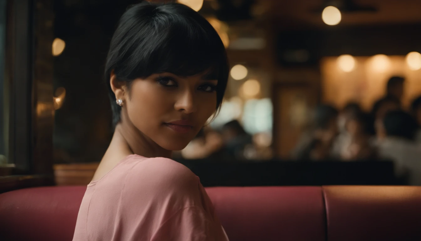 Indian girl sitting in a crowded restaurant of tokyo, (age 24, black short hair), ( perfect medium breast and ass), wearing a black T-shirt and a pink jeans, (no revealing clothes), (properly covered body), (Looking away from the viewer, REALISTIC,