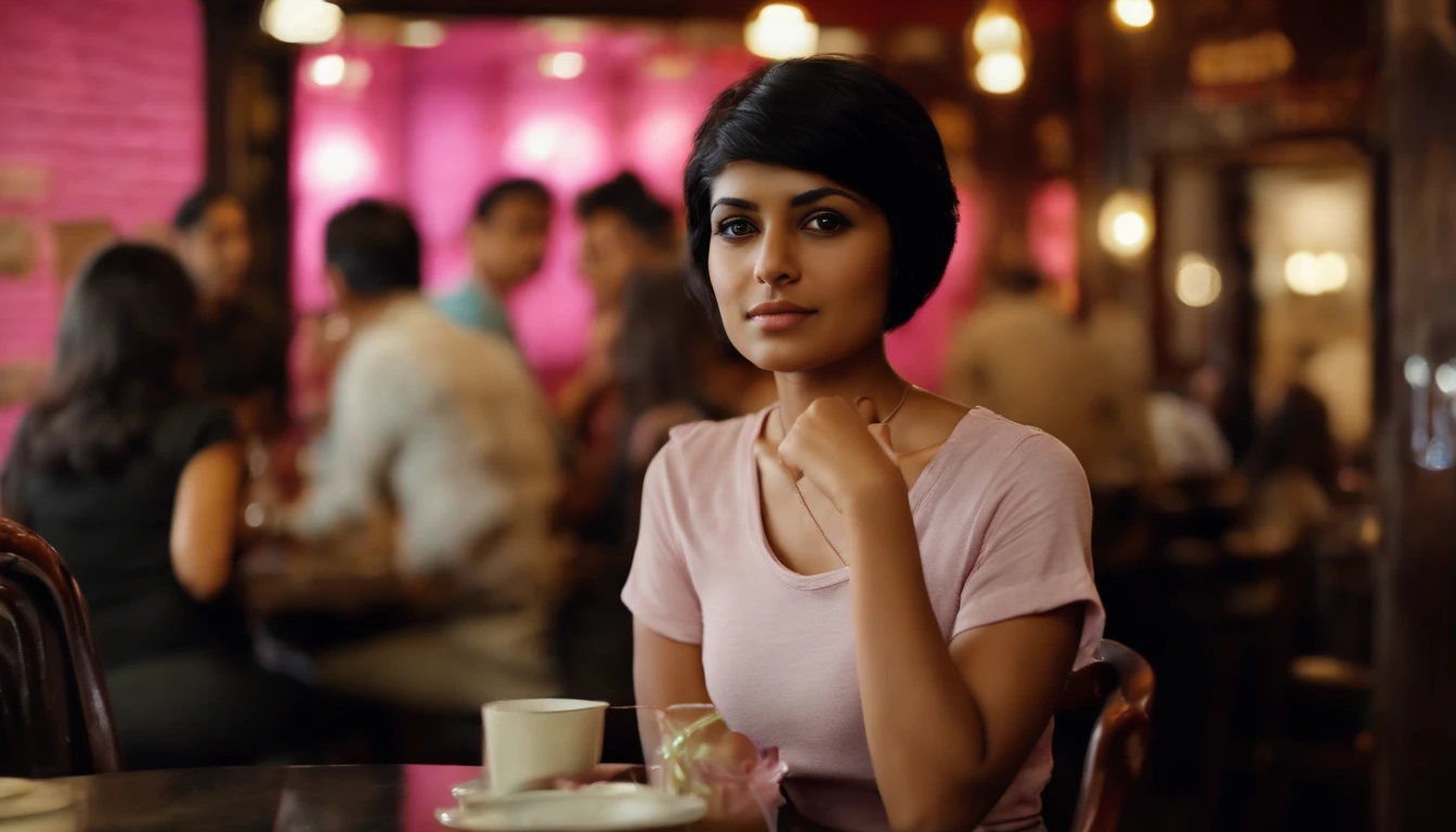 Indian girl sitting in a crowded restaurant of tokyo, (age 24, black short hair), ( perfect medium breast and ass), wearing a black T-shirt and a pink jeans, (no revealing clothes), (properly covered body), (Looking away from the viewer, REALISTIC,