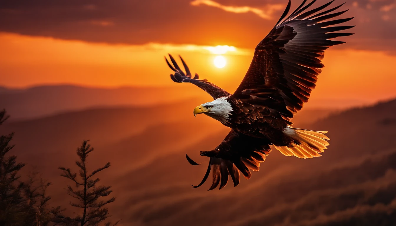 (extremamente detalhado CG unidade 8k papel de parede, master part, best quality), stunning sunset, majestic eagle flying over the horizon.