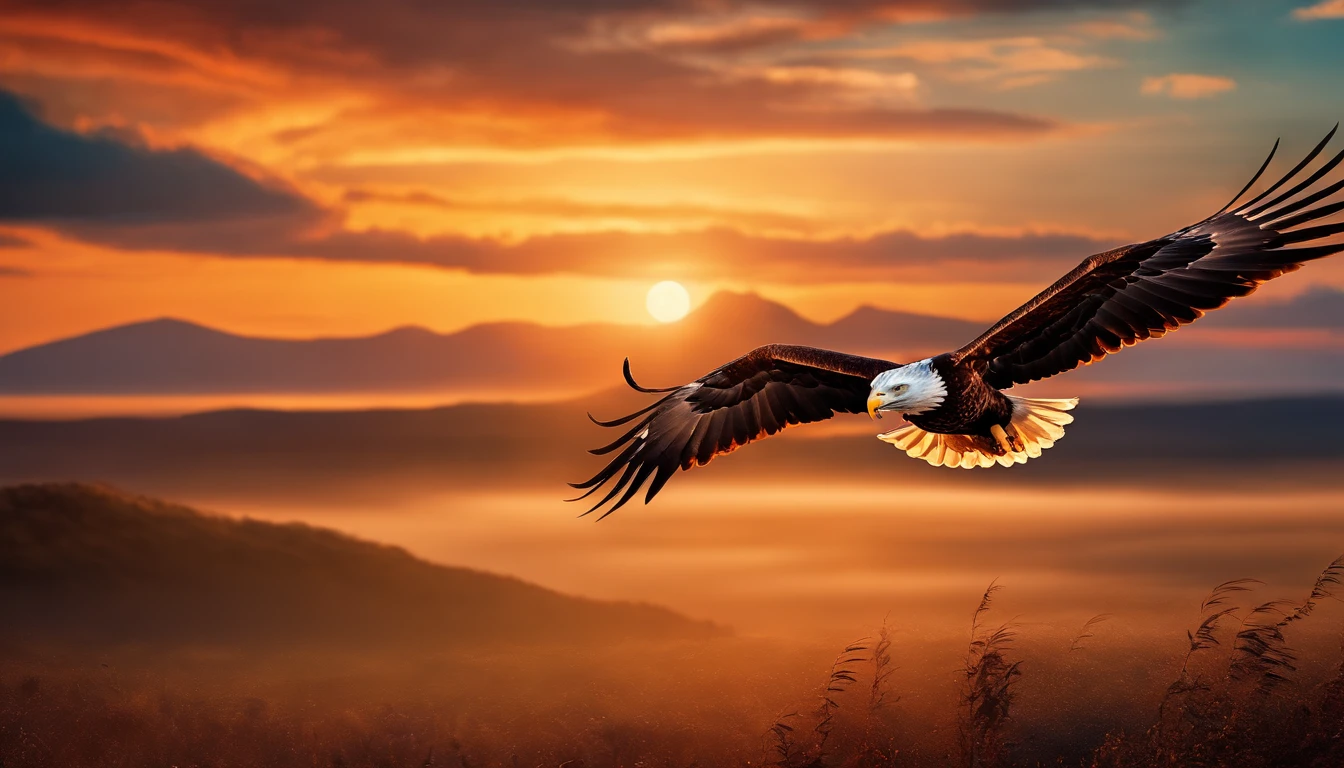 (extremamente detalhado CG unidade 8k papel de parede, master part, best quality), stunning sunset, majestic eagle flying over the horizon.