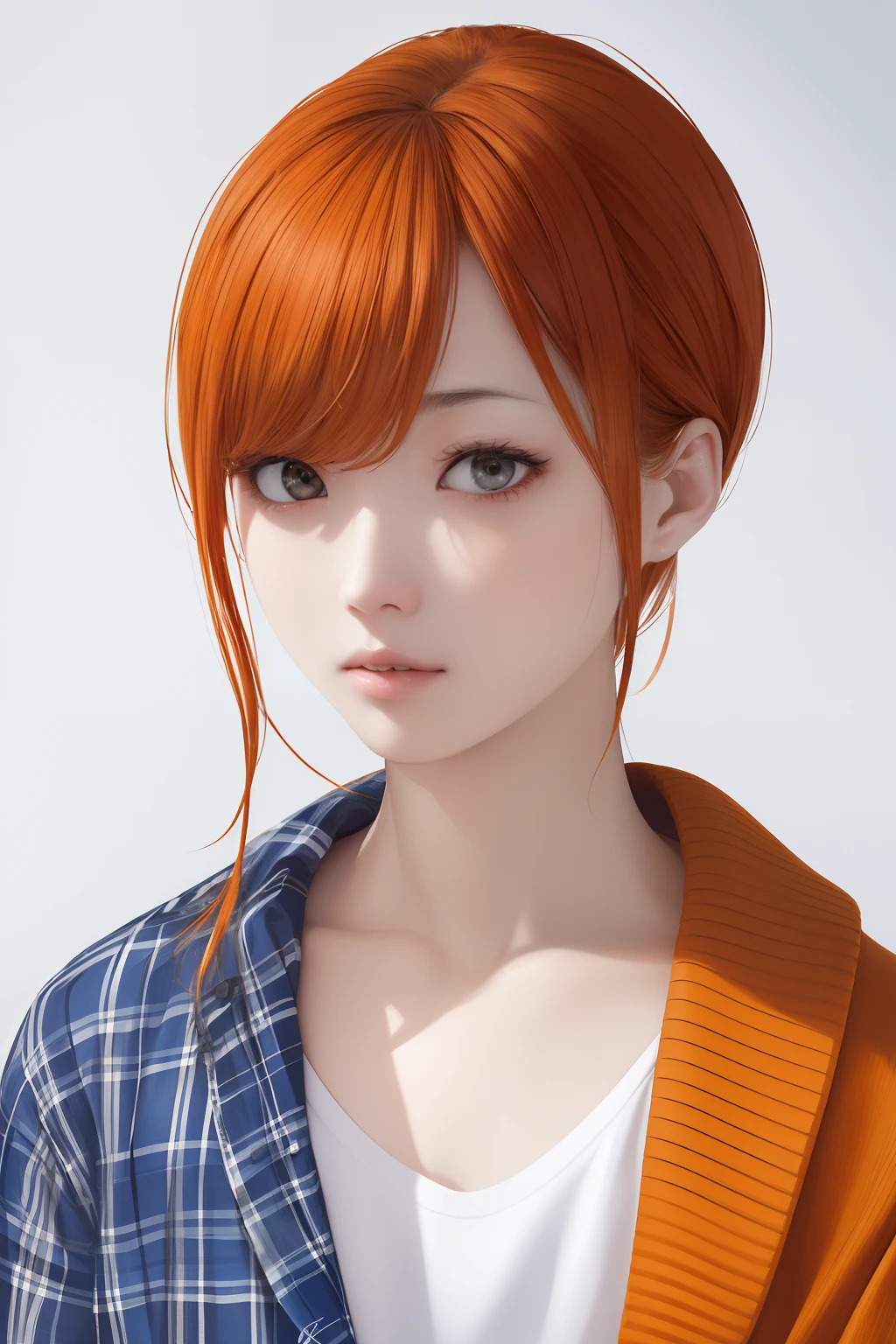 The upper part of the body、an oil painting、​masterpiece、top-quality、hight resolution、Orange Bob Hair、Orange Medium Hair、black backgrounds、bustshot、angry expressions、mushy、Glaring、White and blue plaid pajamas、White and blue pajamas、