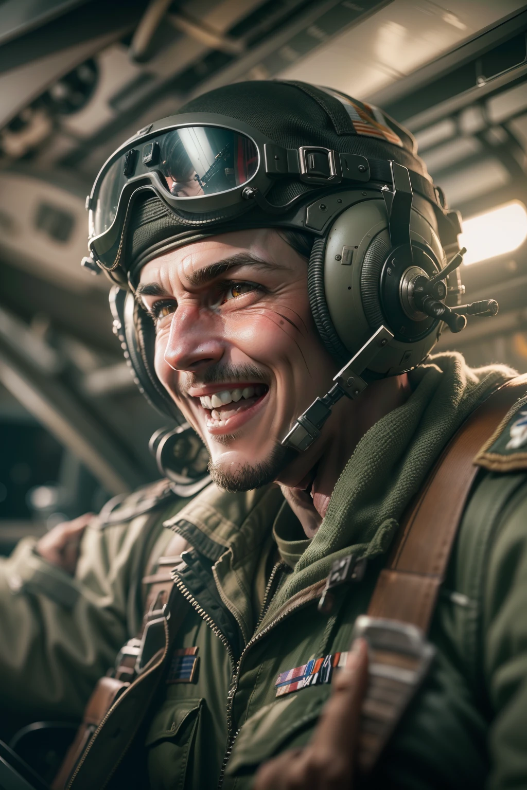 (close-up) face of an American World War II pilot inside a fighter, (joyful expression), thumbs up gesture of like, (hyper-realistic) (1sg), (incredible level of detail), (4k resolution), (HDR)