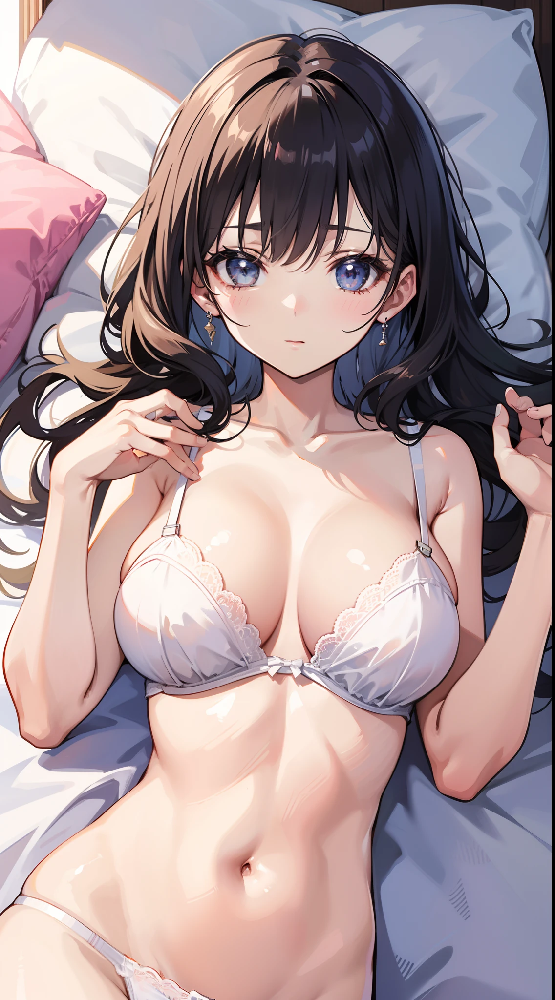 masutepiece、hight resolution、1girl in、in one's underwear only、Lingerie in bright colors、large full breasts、Lying on your back in bed、Cute anime illustration、