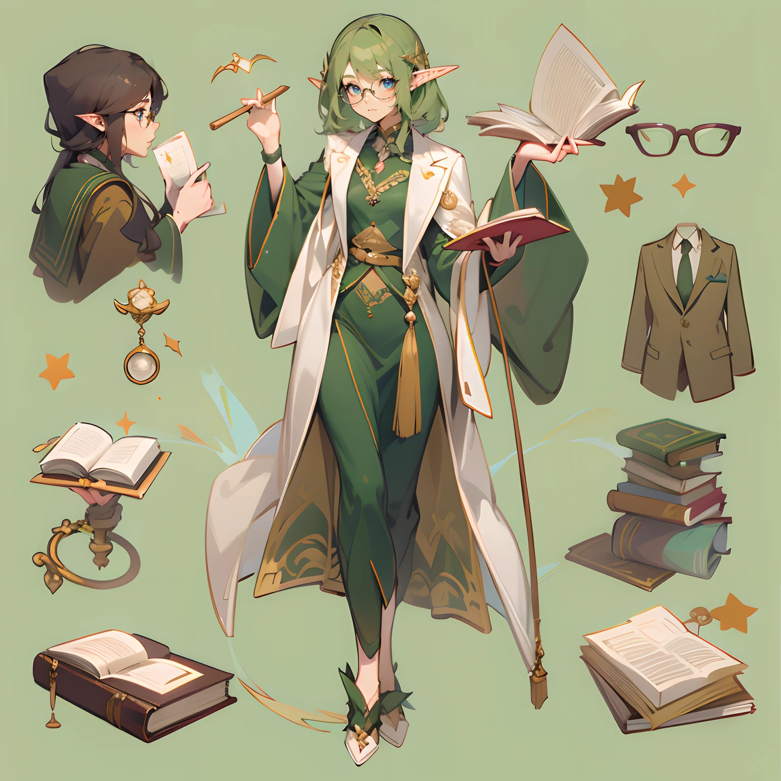 elvish、femele,Her job is a lawyer、Full-body image、without background、Plain background、Wearing glasses、Have a stick、I have a book、Suits、wearing gems、I'm wearing a robe、full body Esbian